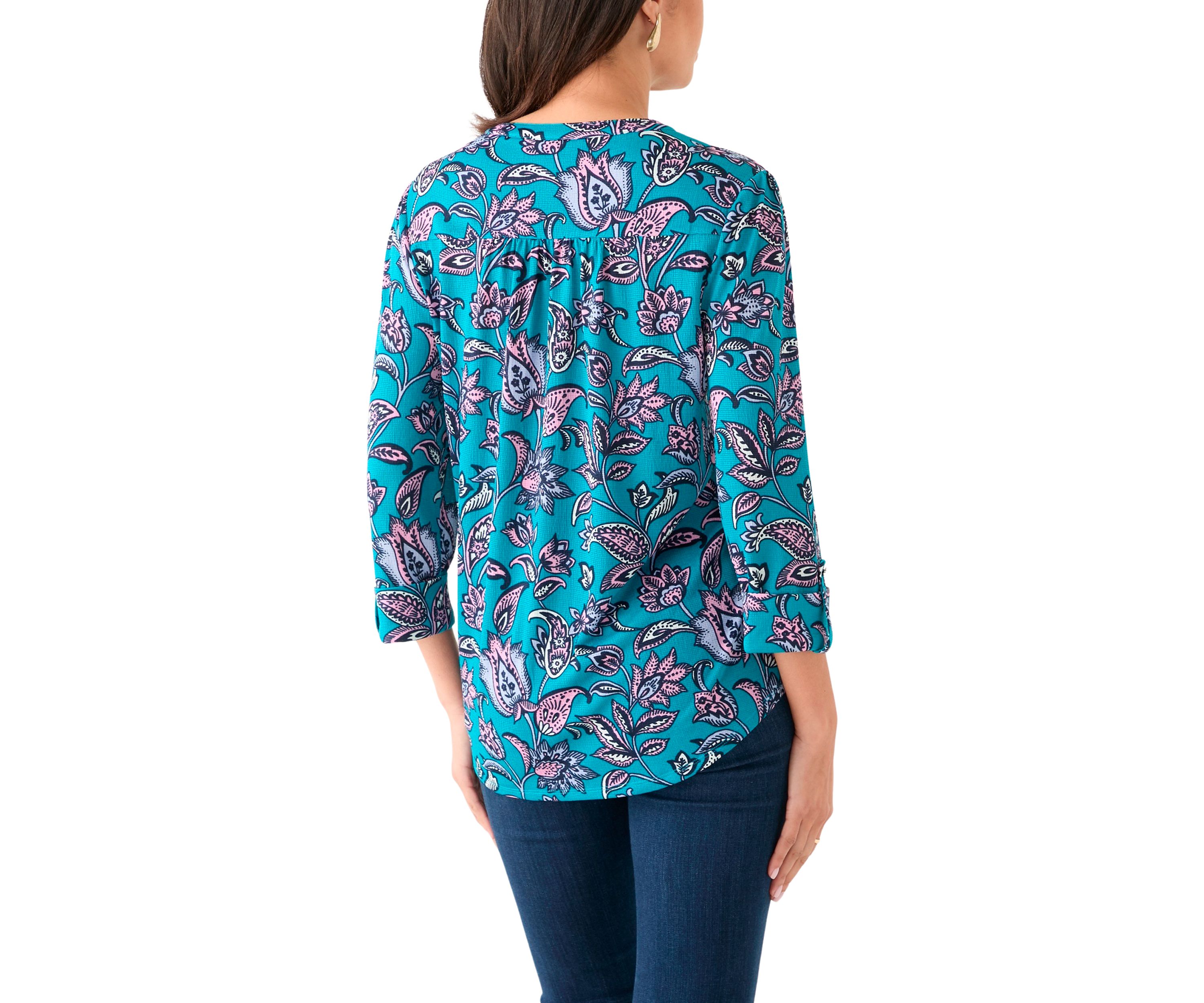 Womens 3/4 Sleeve Printed Henley Top