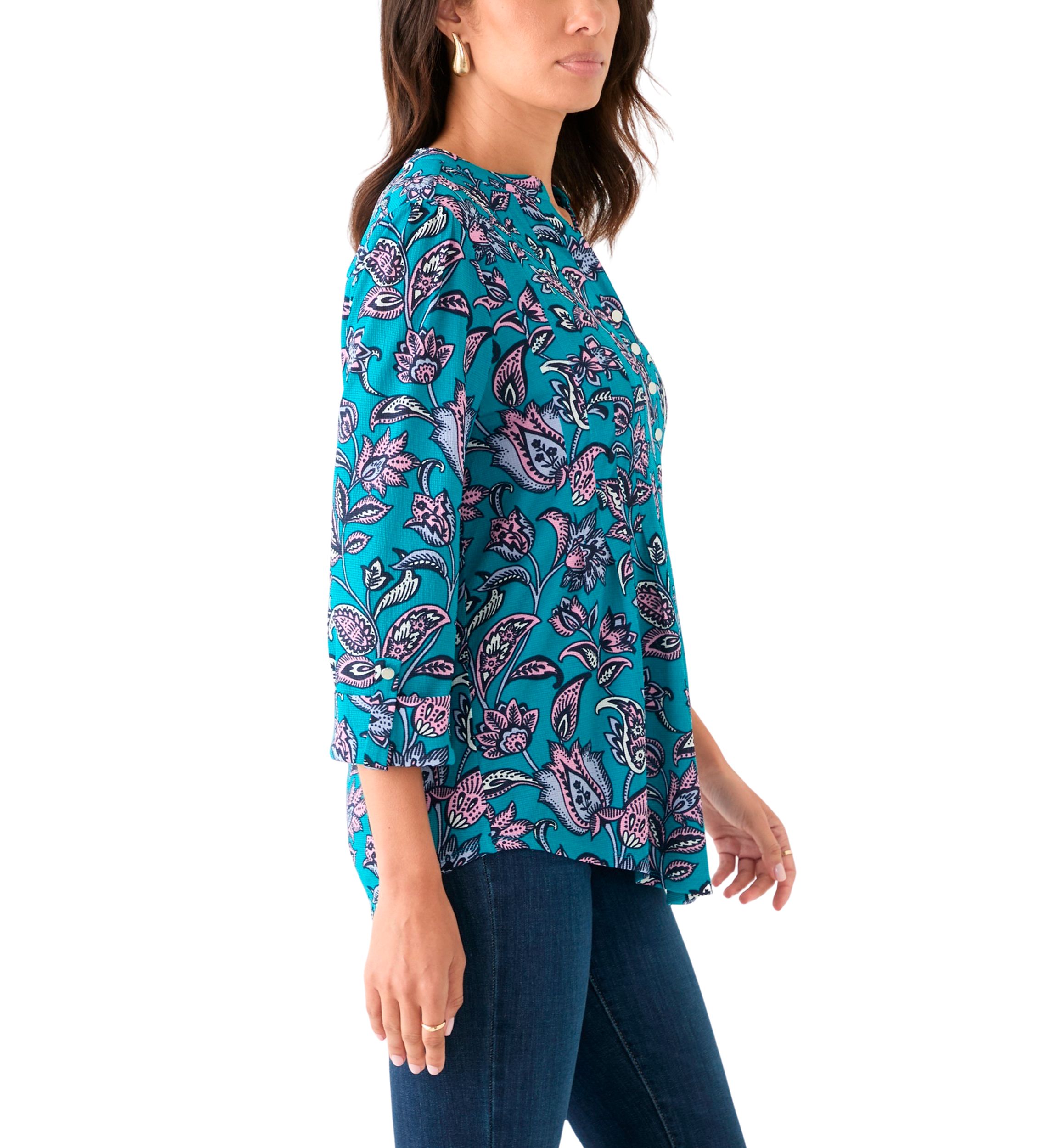 Womens 3/4 Sleeve Printed Henley Top