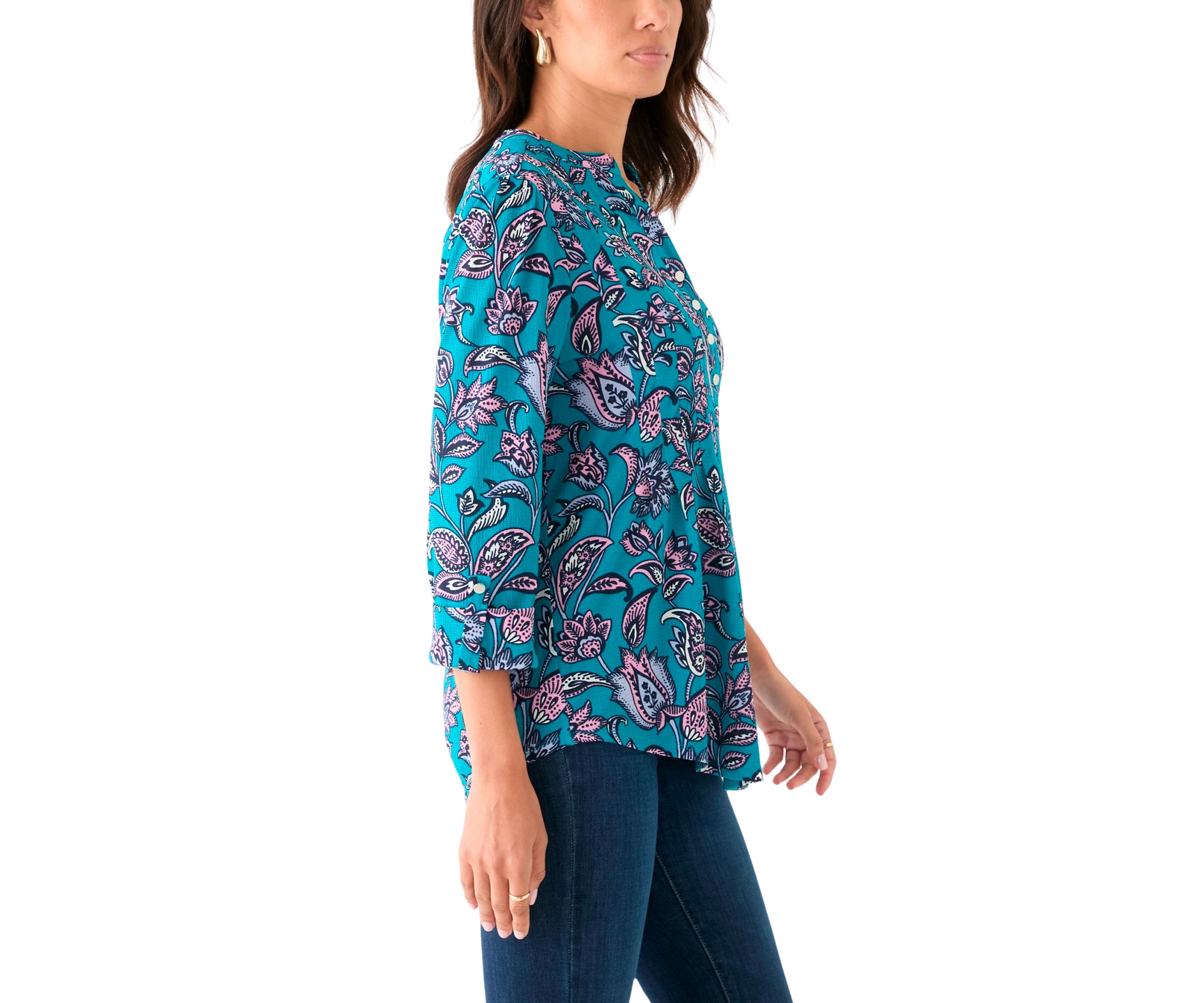 Womens 3/4 Sleeve Printed Henley Top