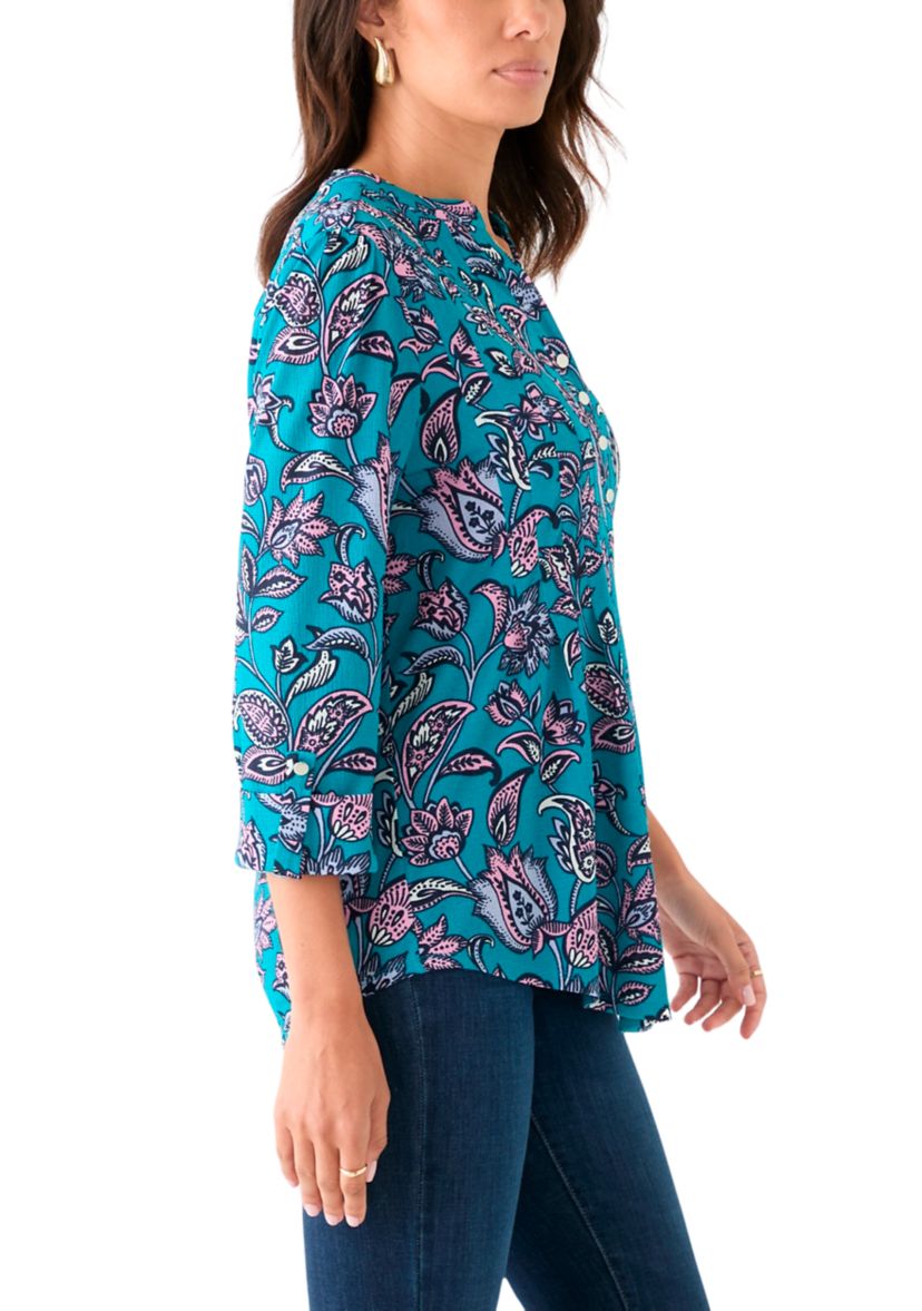 Womens 3/4 Sleeve Printed Henley Top