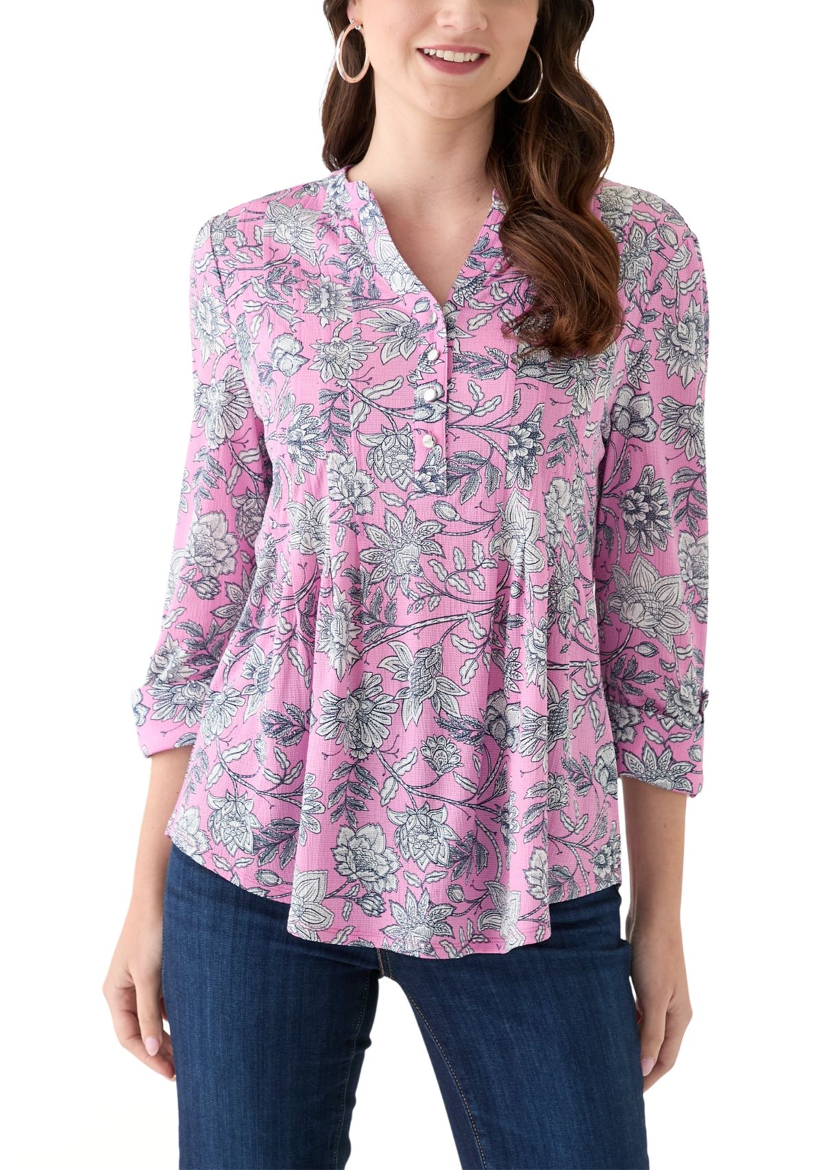 Womens 3/4 Sleeve Printed Henley Top