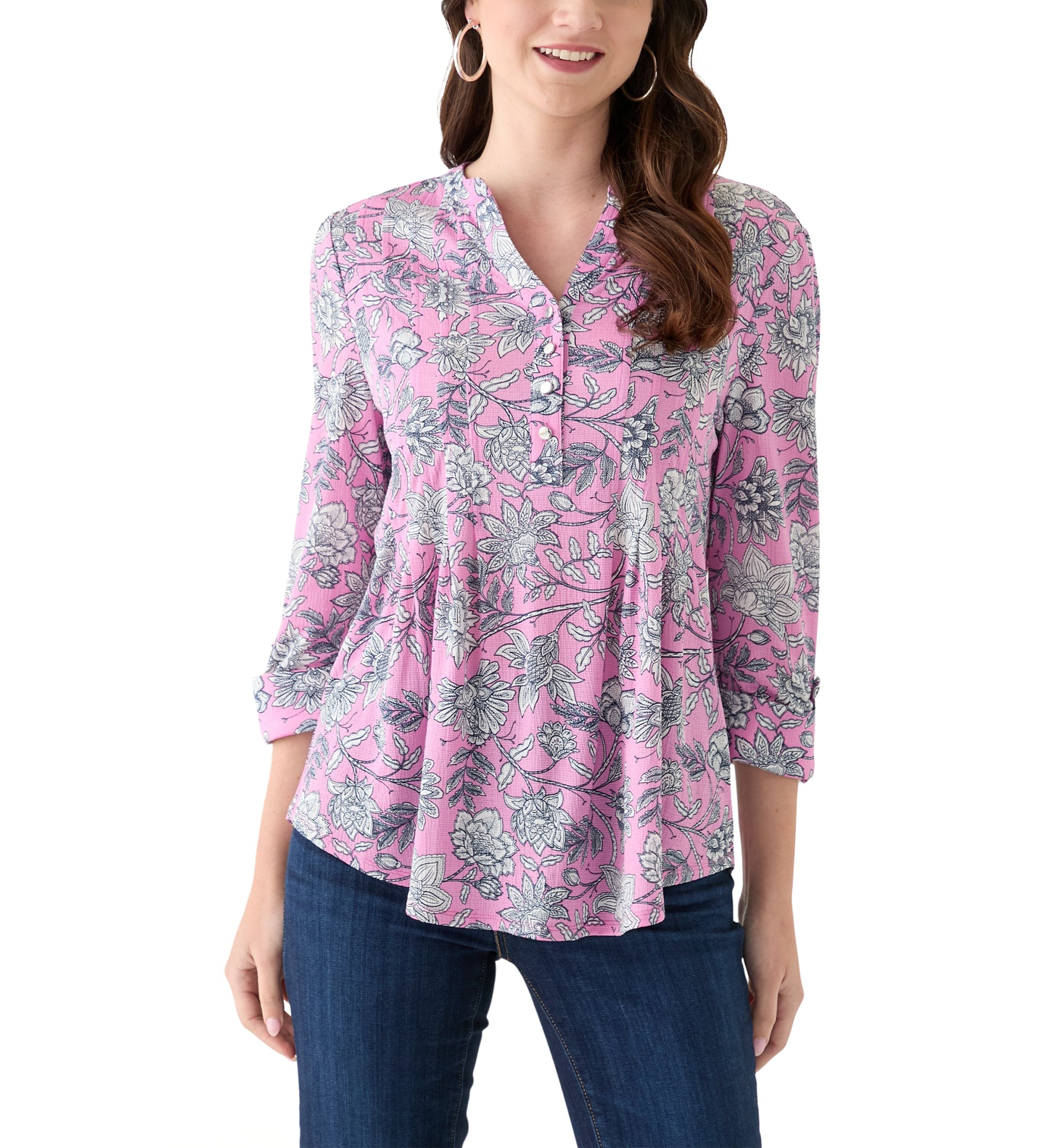 Womens 3/4 Sleeve Printed Henley Top