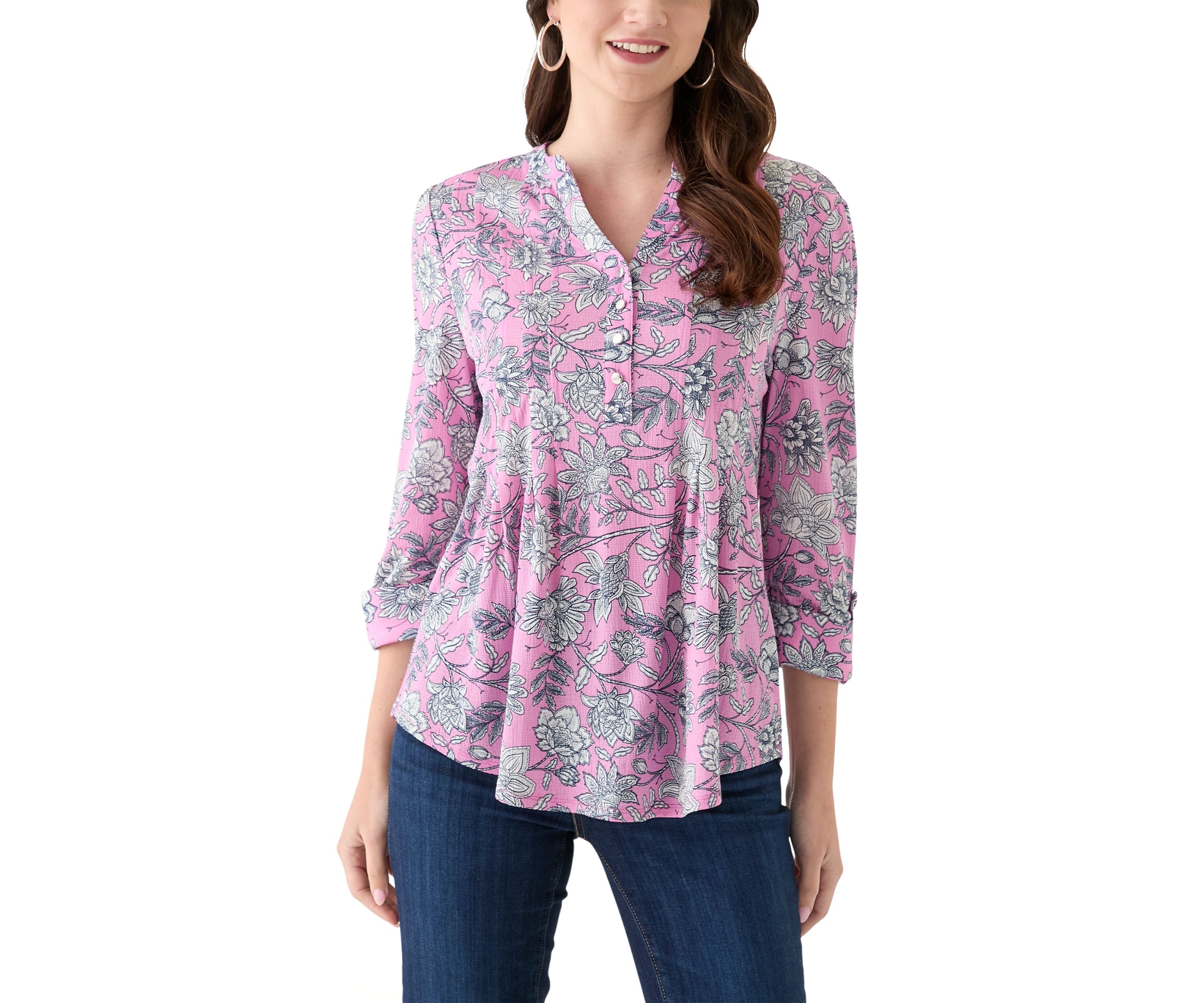 Womens 3/4 Sleeve Printed Henley Top