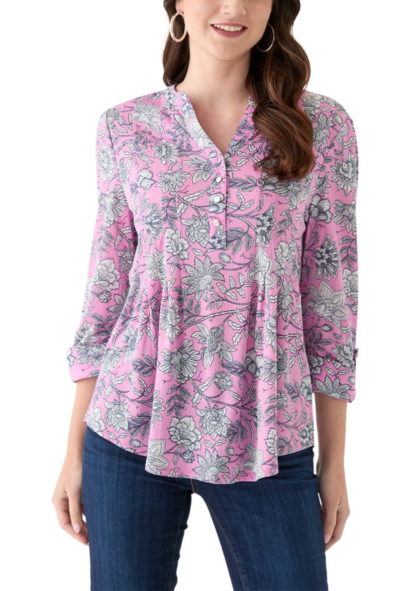Womens 3/4 Sleeve Printed Henley Top
