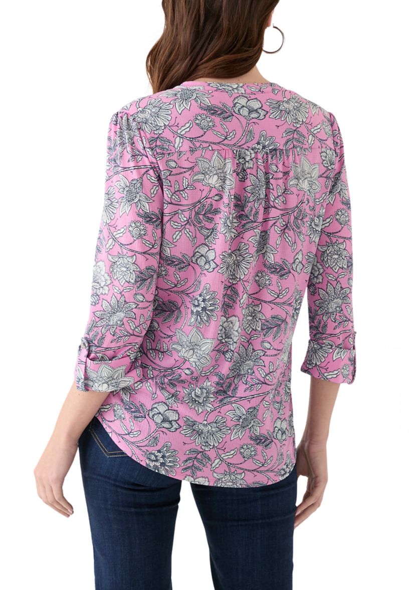 Womens 3/4 Sleeve Printed Henley Top