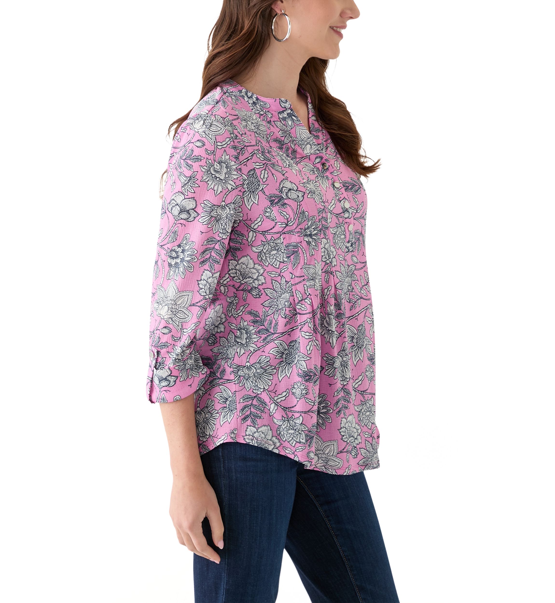 Womens 3/4 Sleeve Printed Henley Top