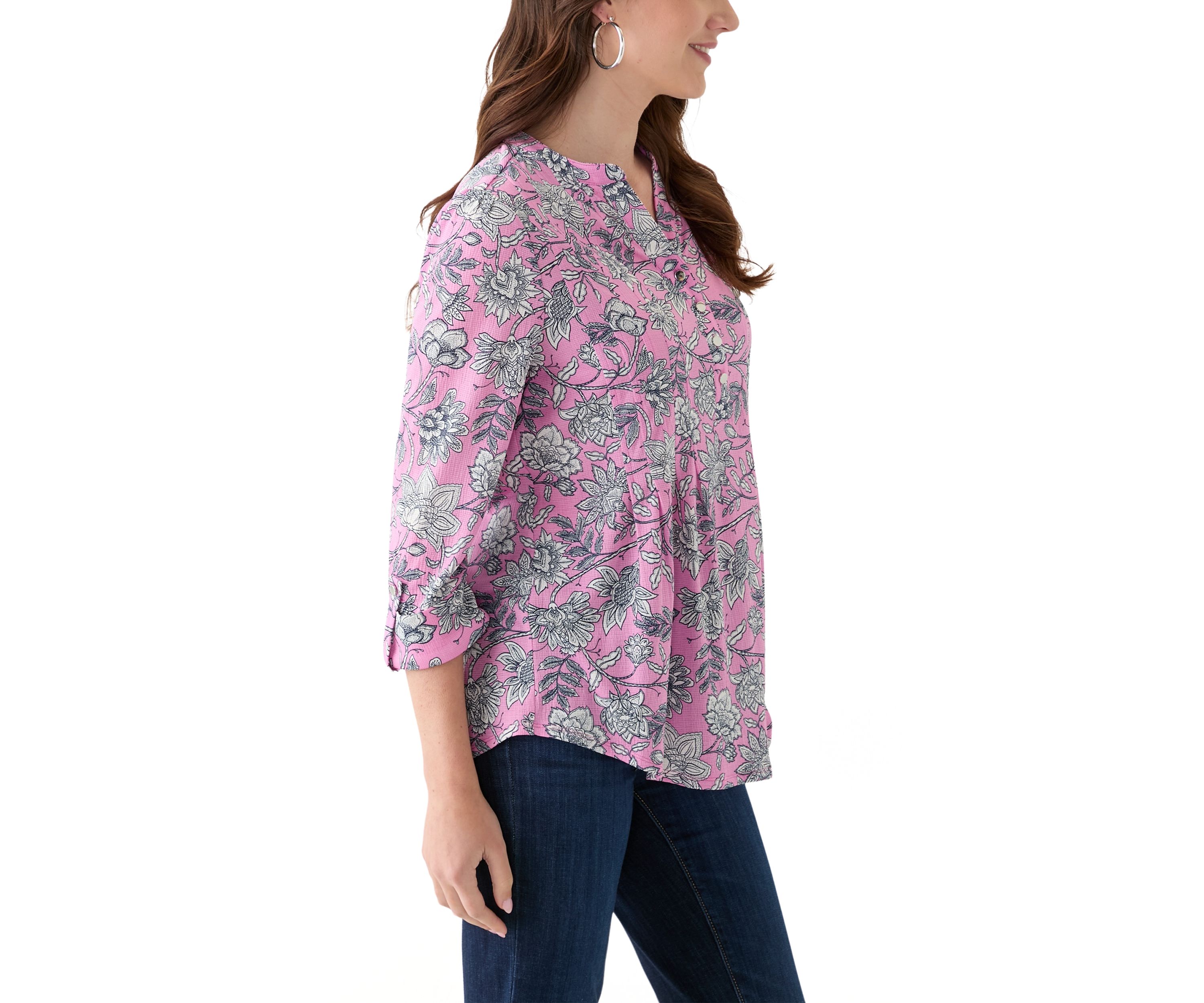 Womens 3/4 Sleeve Printed Henley Top