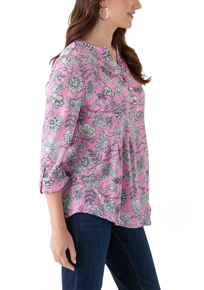 Womens 3/4 Sleeve Printed Henley Top
