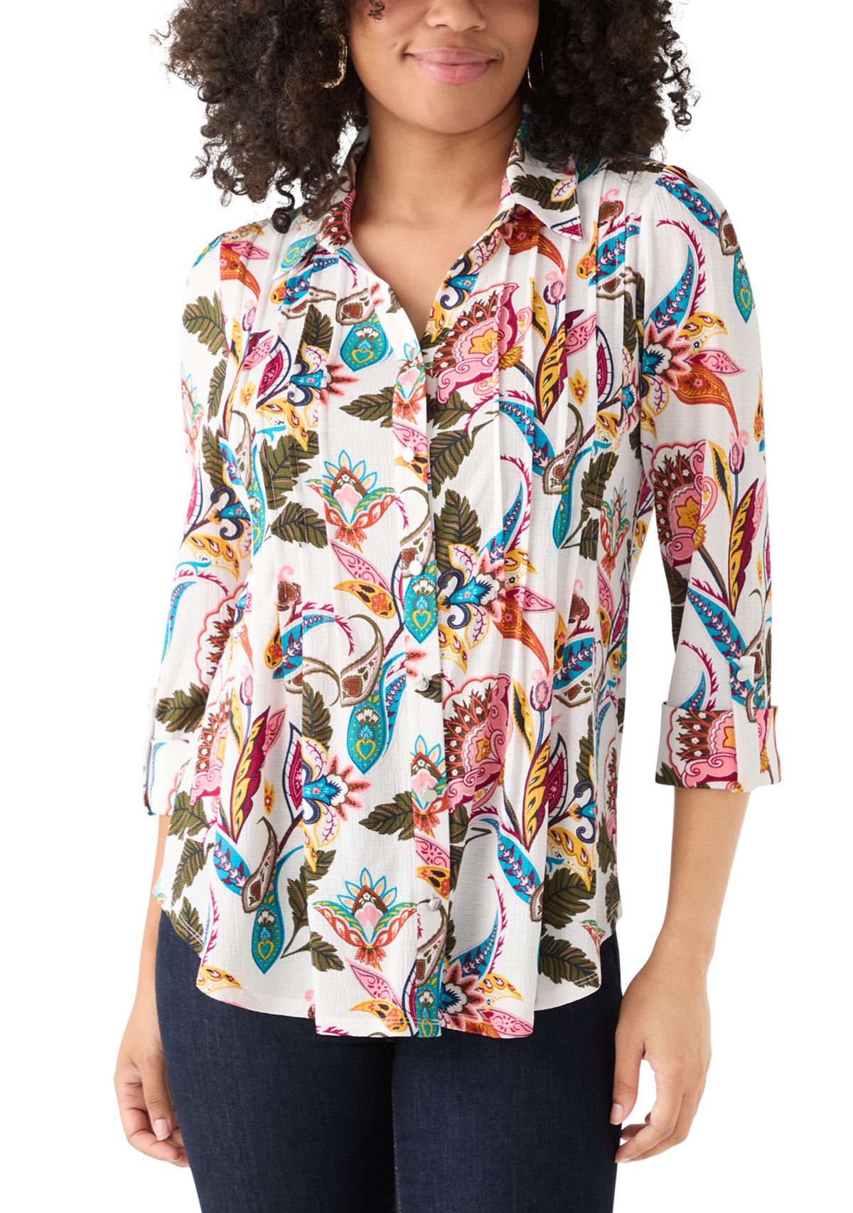 Womens 3/4 Sleeve Printed Button Up Shirt