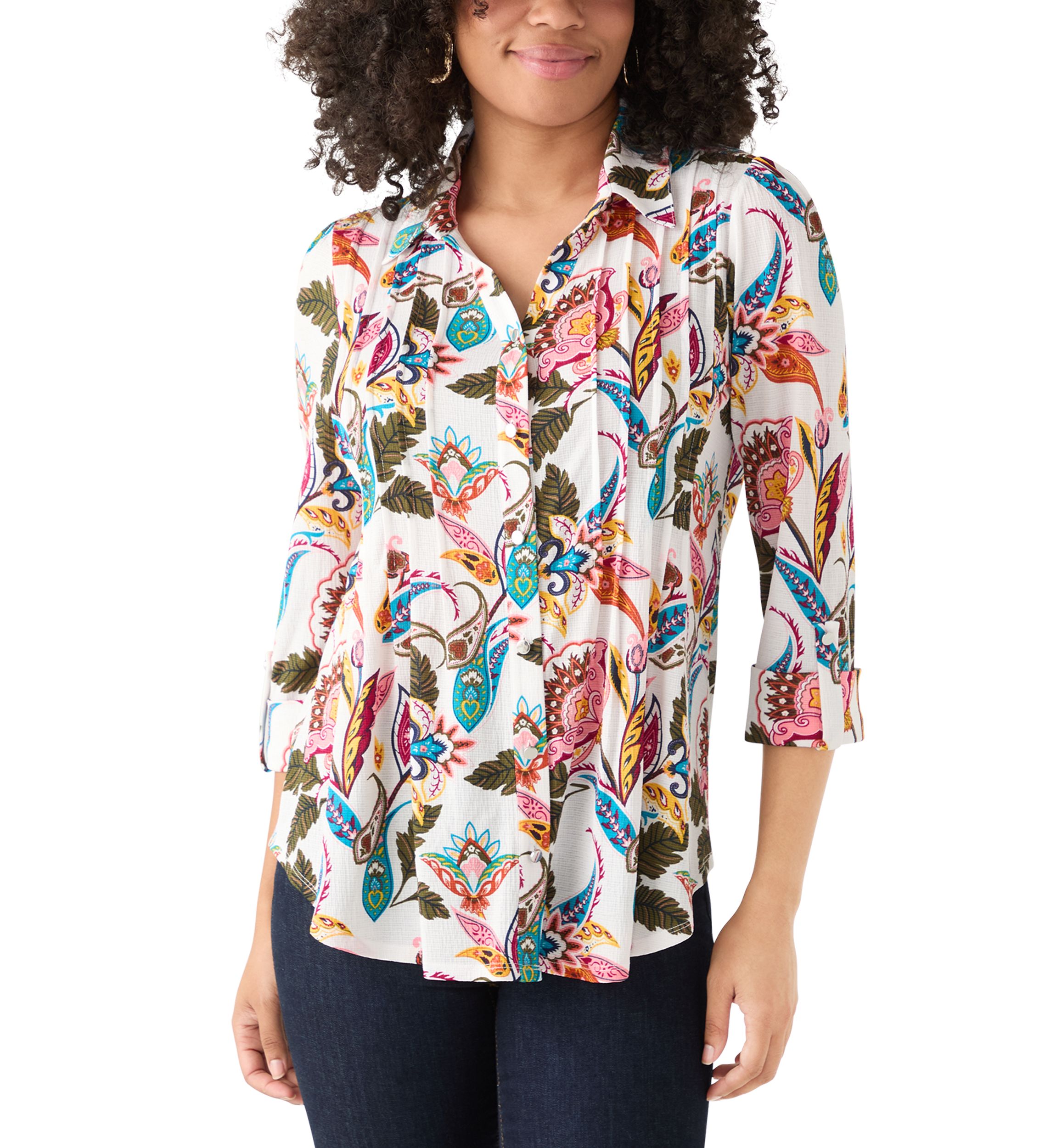Womens 3/4 Sleeve Printed Button Up Shirt