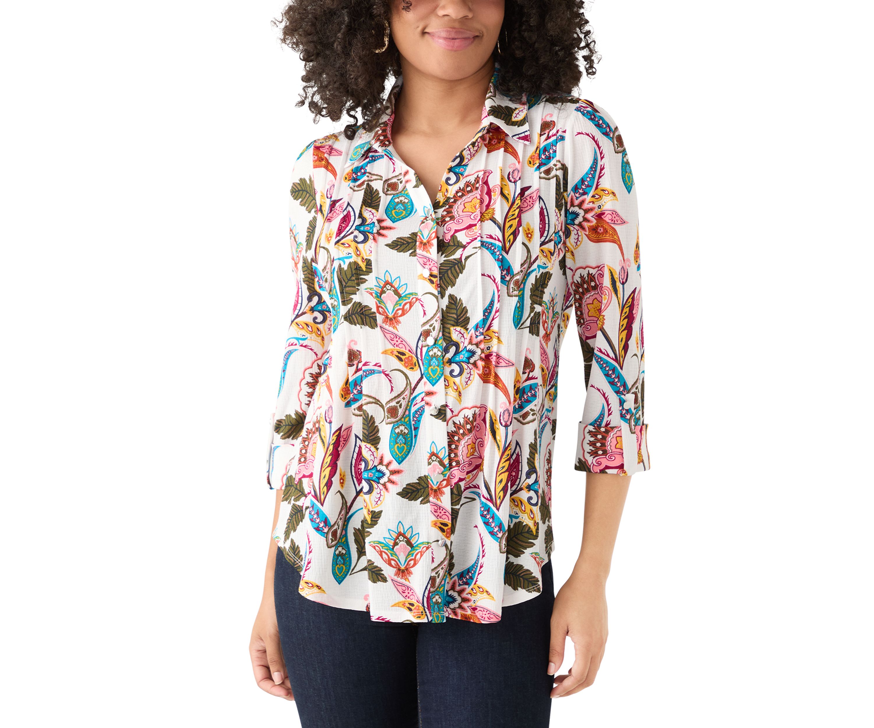 Womens 3/4 Sleeve Printed Button Up Shirt