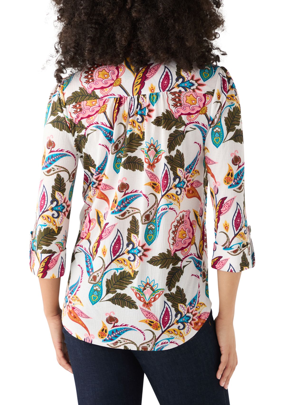 Womens 3/4 Sleeve Printed Button Up Shirt