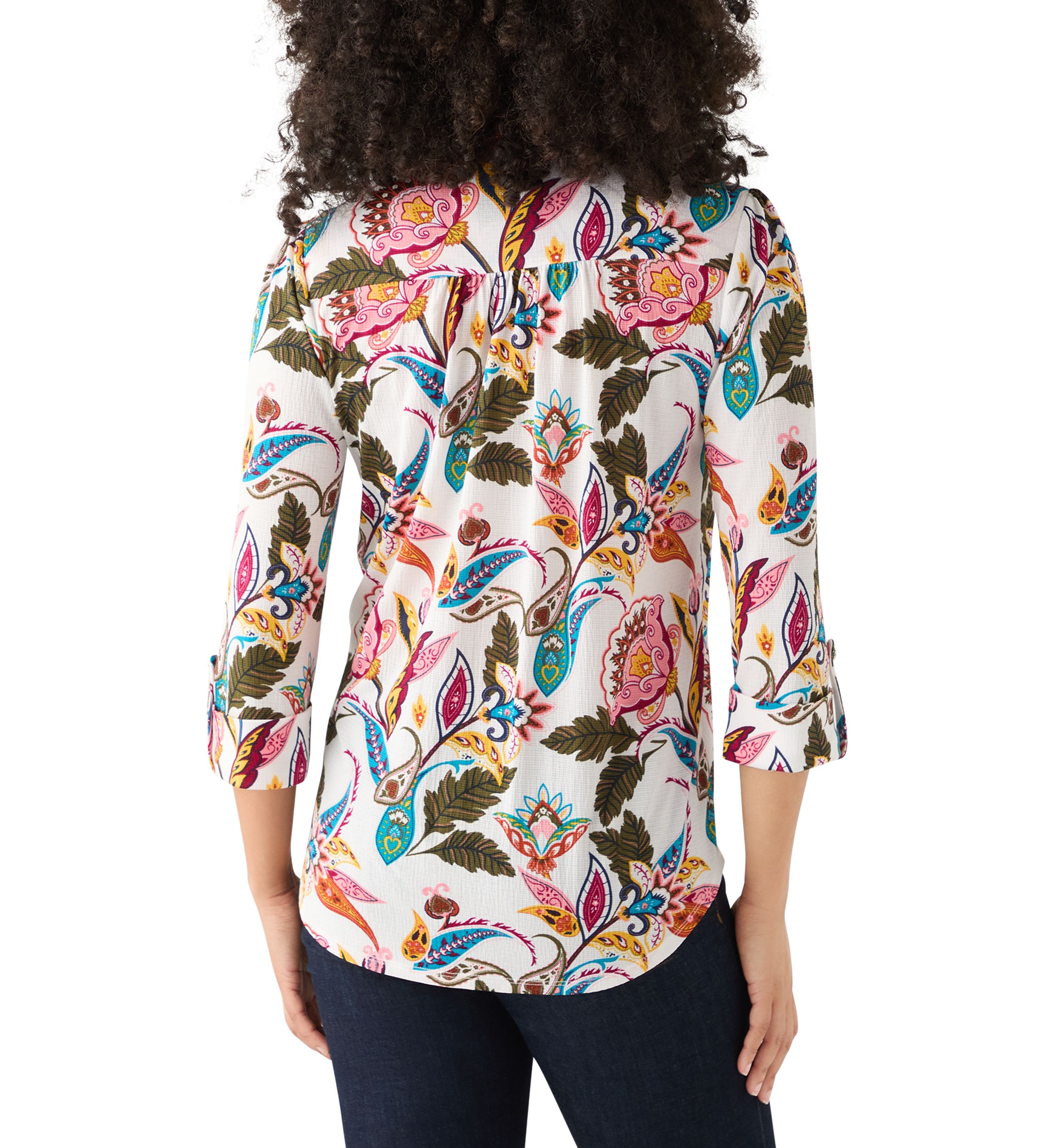 Womens 3/4 Sleeve Printed Button Up Shirt