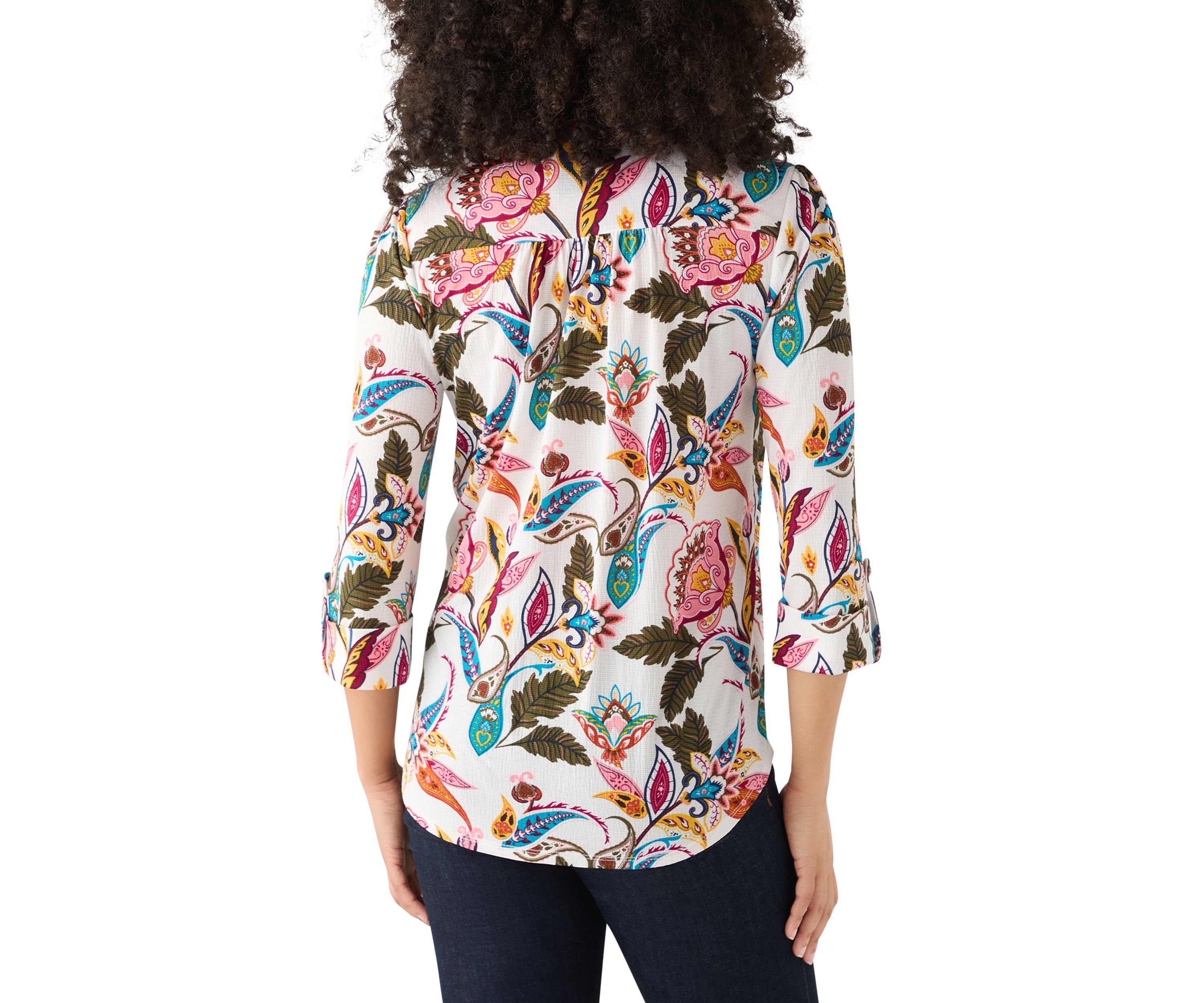 Womens 3/4 Sleeve Printed Button Up Shirt