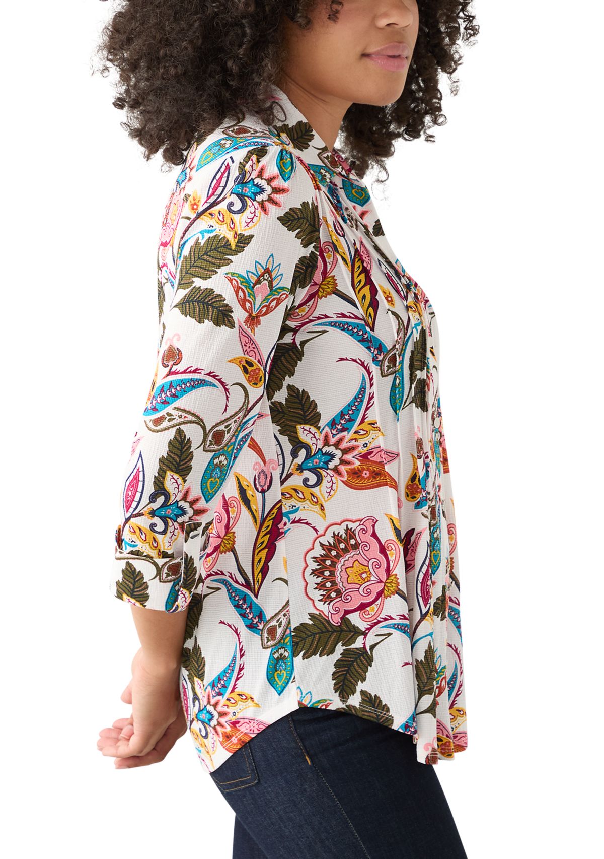 Womens 3/4 Sleeve Printed Button Up Shirt