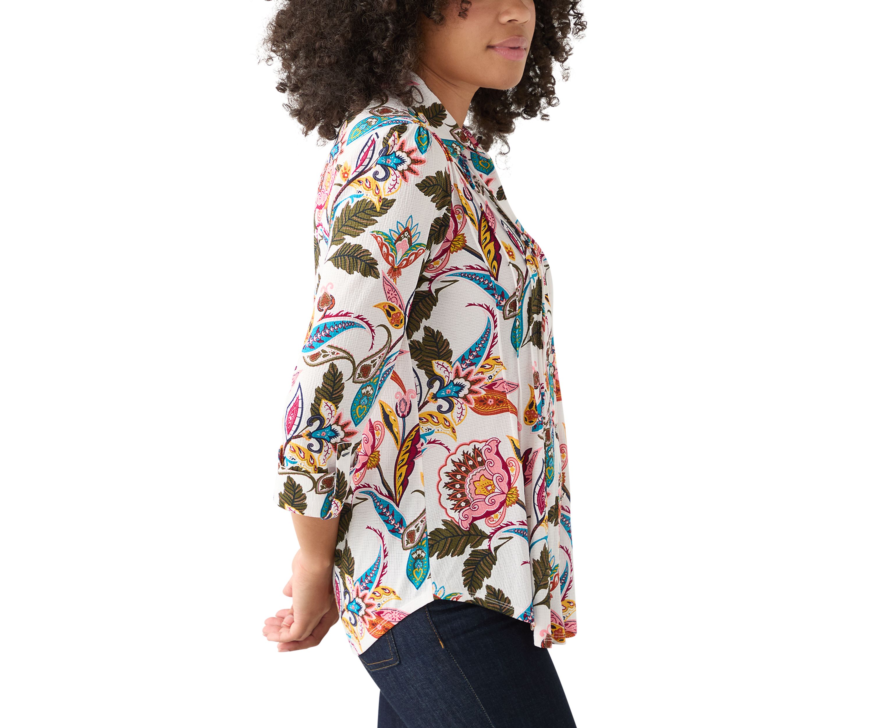 Womens 3/4 Sleeve Printed Button Up Shirt