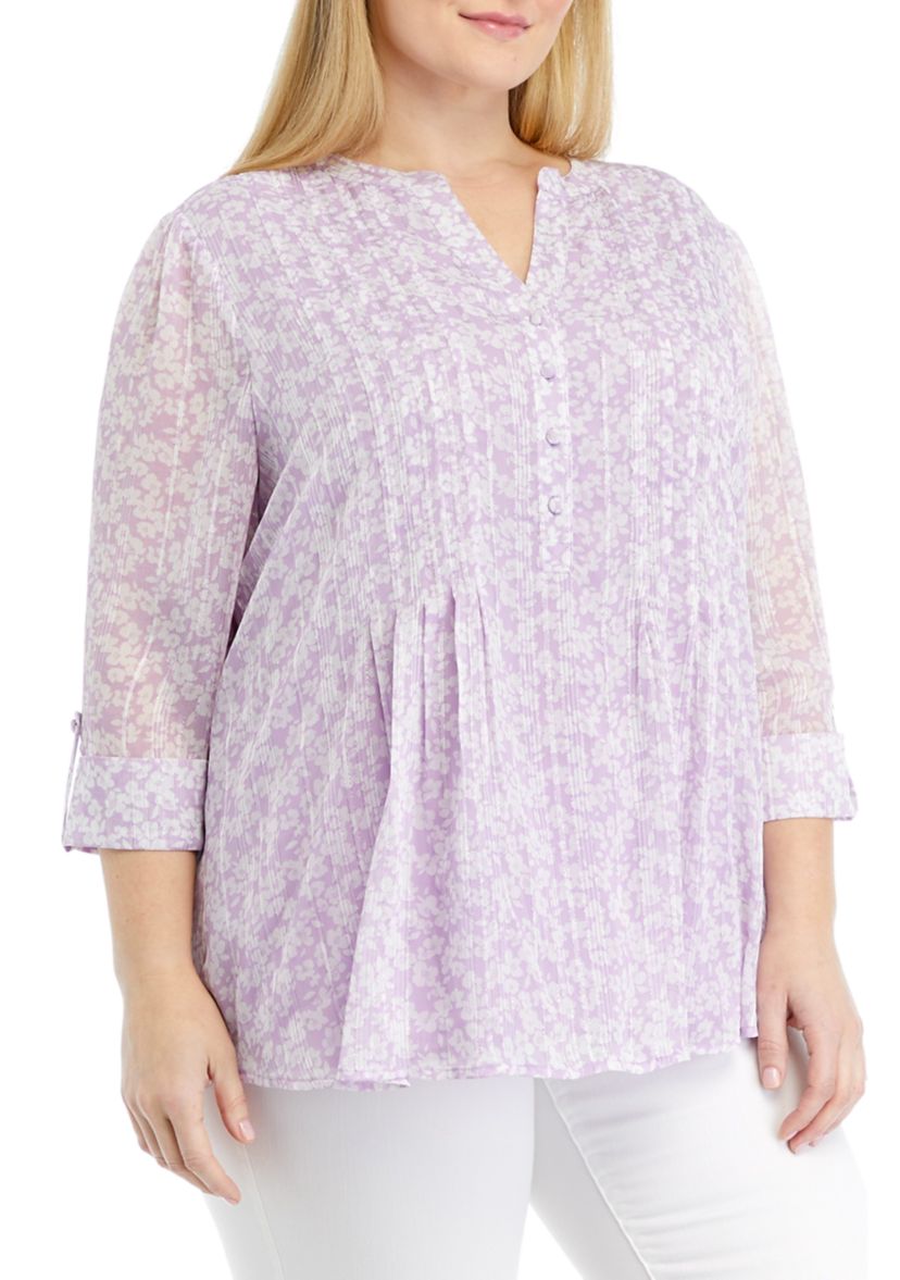 Plus Size 3/4 Sleeve Henley Chiffon Top