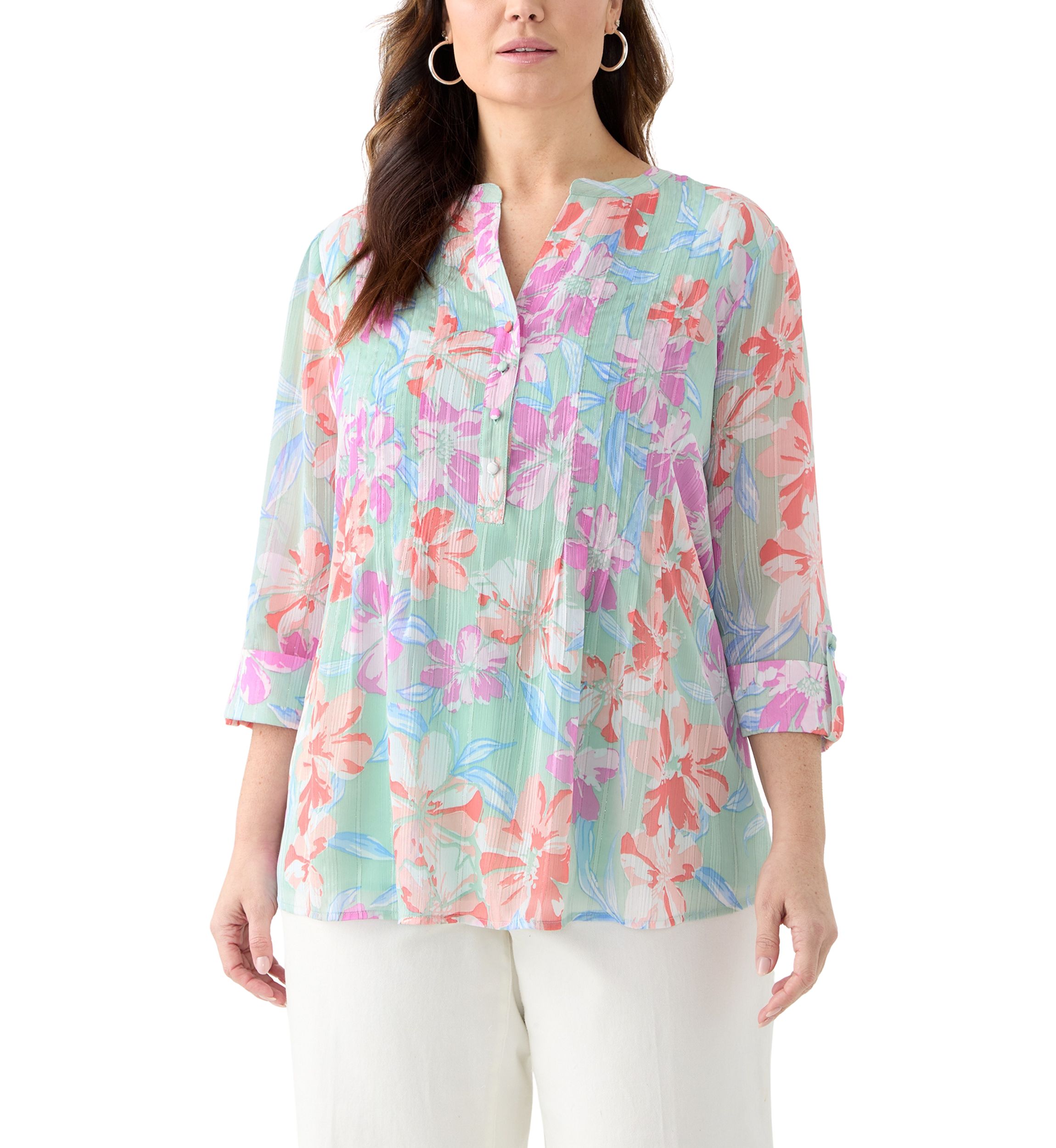 Plus Size 3/4 Sleeve Chiffon Printed Henley Blouse
