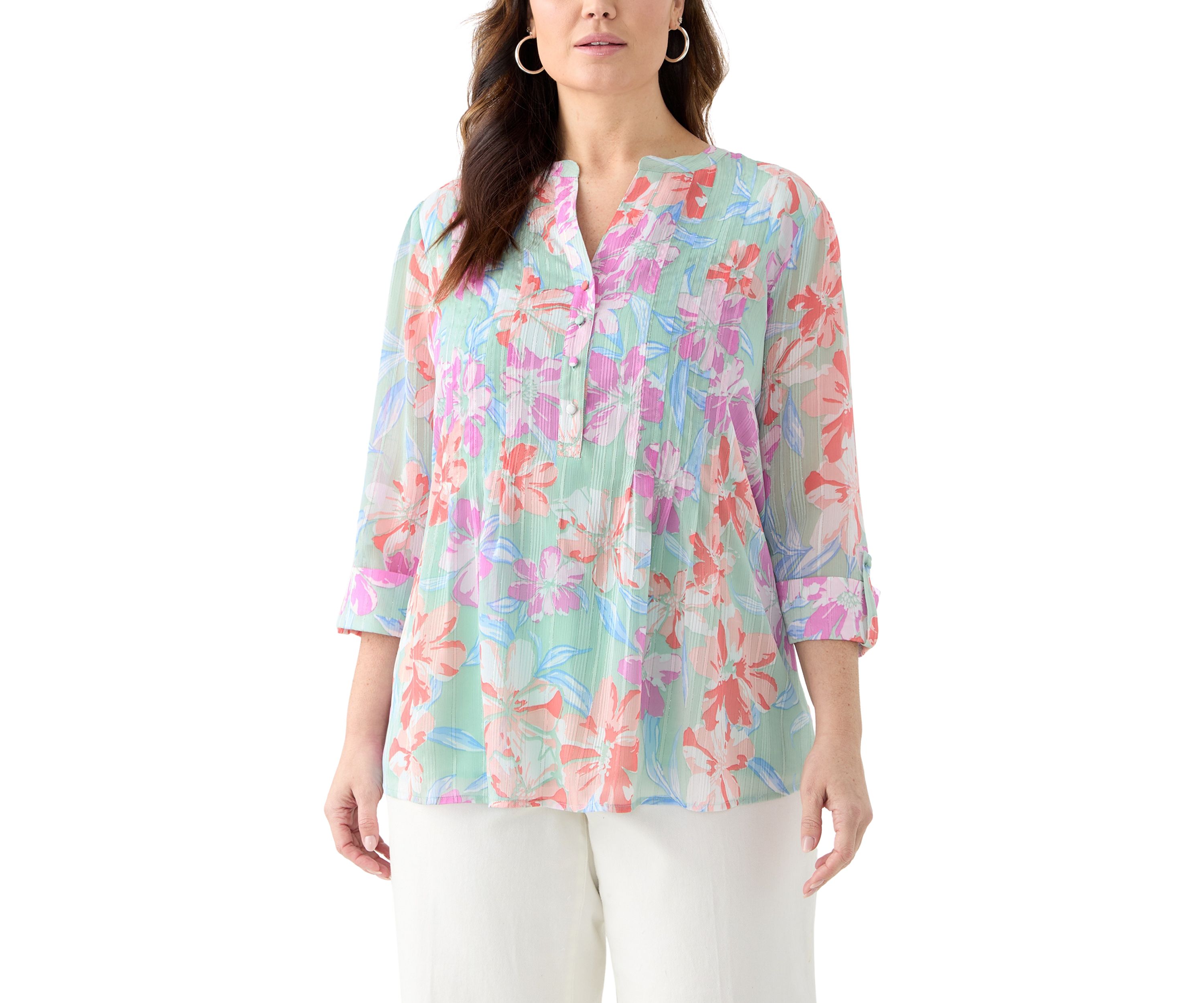 Plus Size 3/4 Sleeve Chiffon Printed Henley Blouse