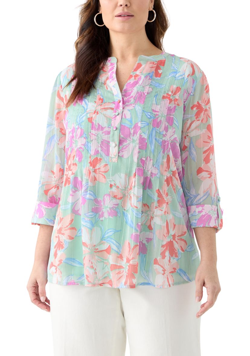 Plus Size 3/4 Sleeve Chiffon Printed Henley Blouse