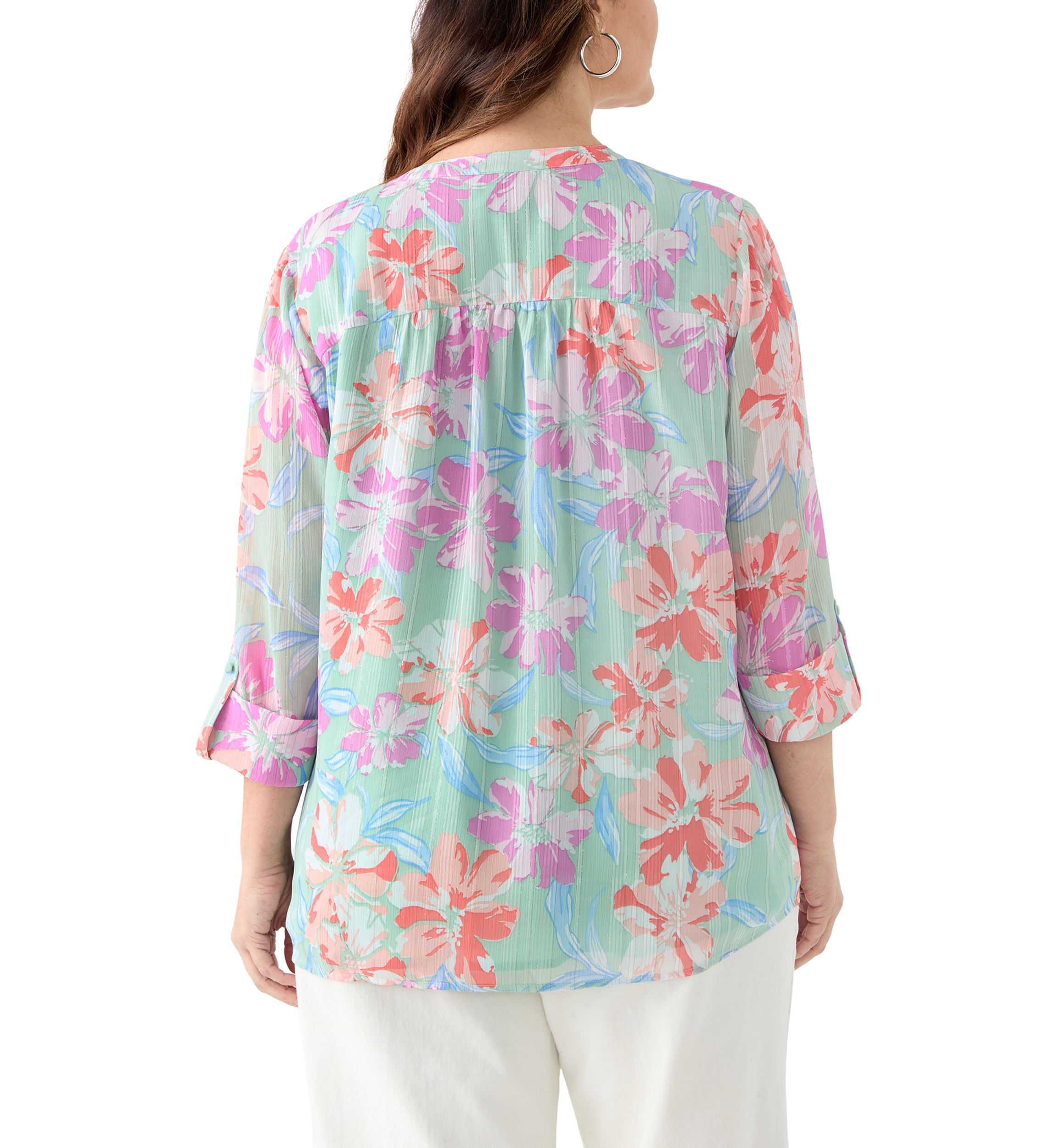 Plus Size 3/4 Sleeve Chiffon Printed Henley Blouse