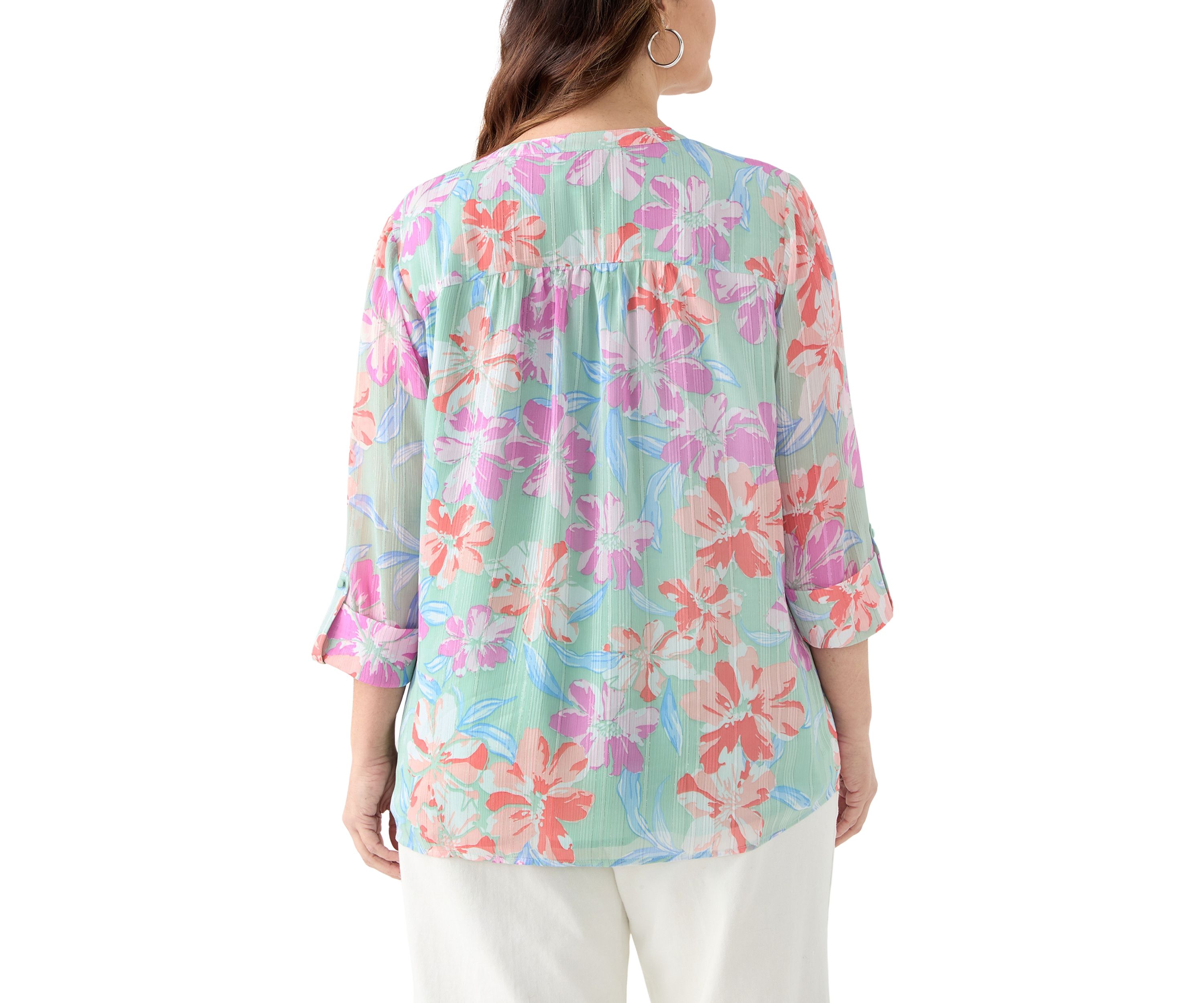 Plus Size 3/4 Sleeve Chiffon Printed Henley Blouse