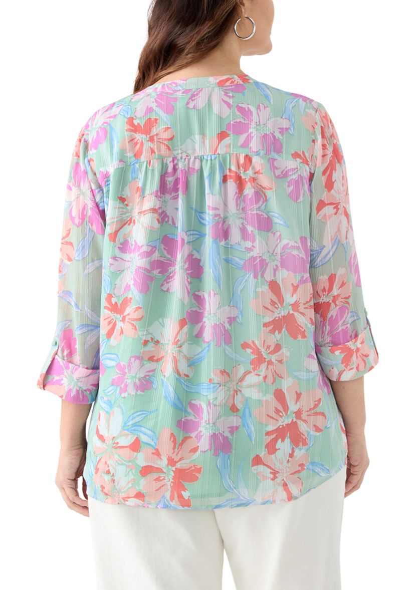 Plus Size 3/4 Sleeve Chiffon Printed Henley Blouse