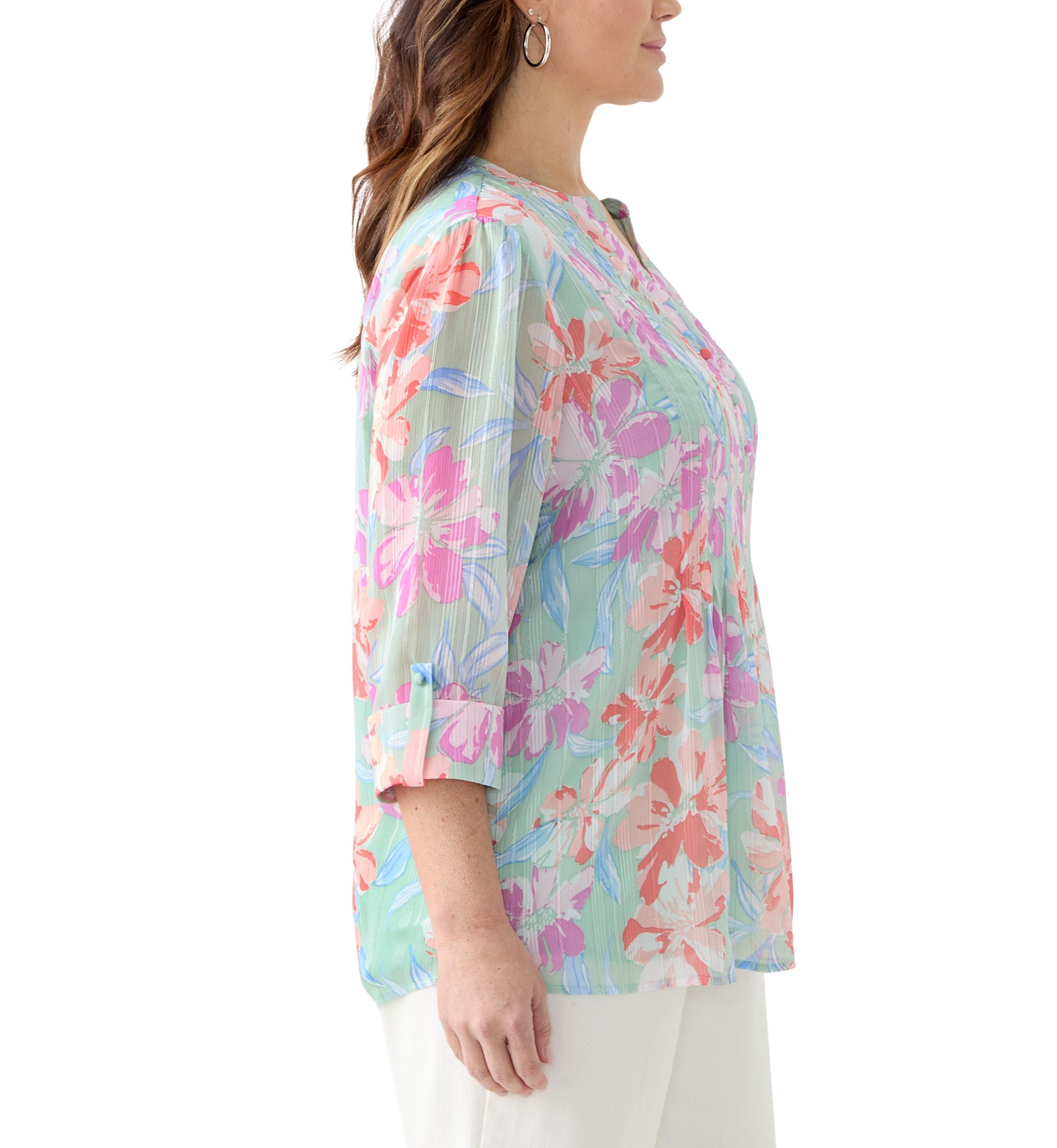 Plus Size 3/4 Sleeve Chiffon Printed Henley Blouse