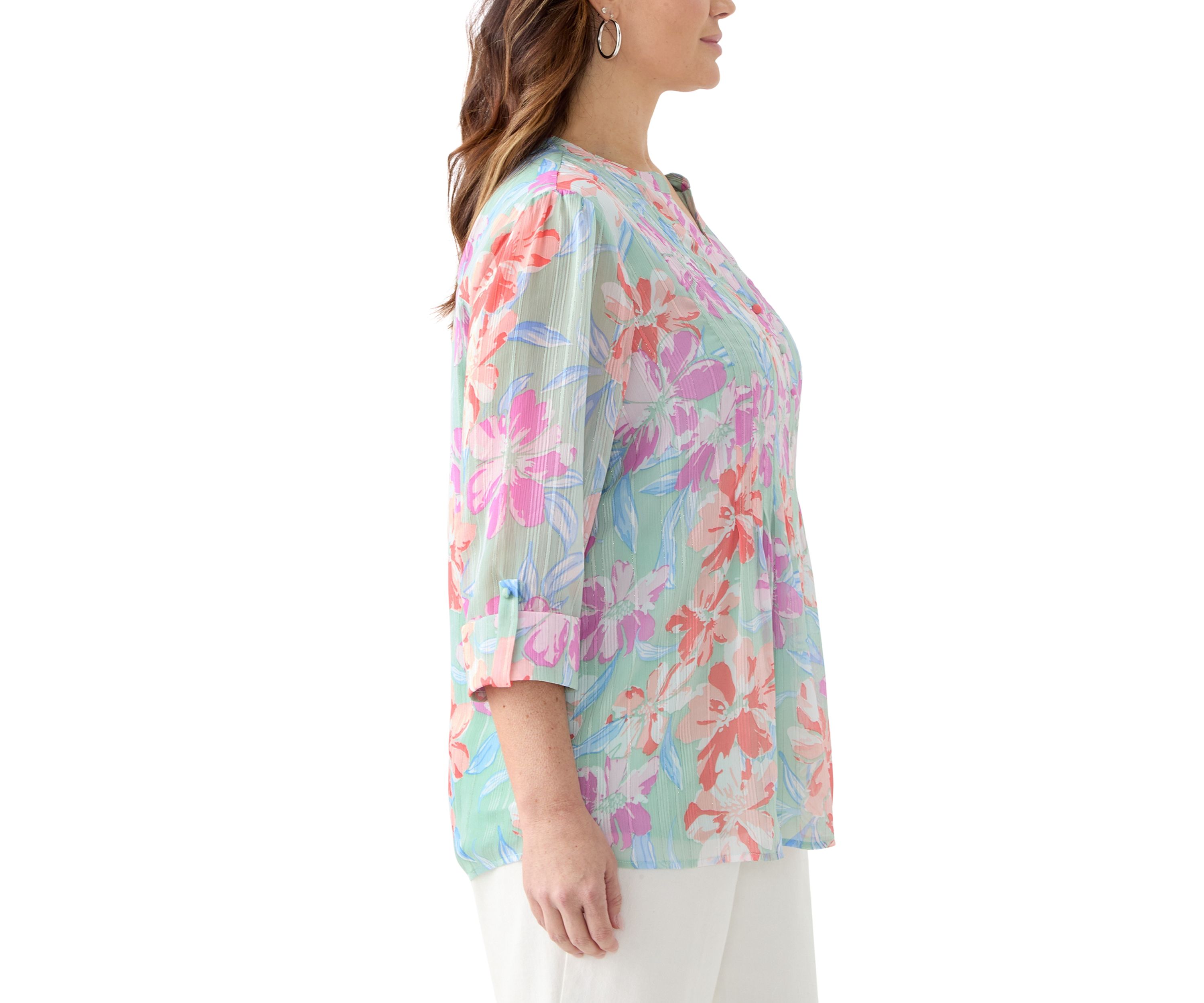 Plus Size 3/4 Sleeve Chiffon Printed Henley Blouse