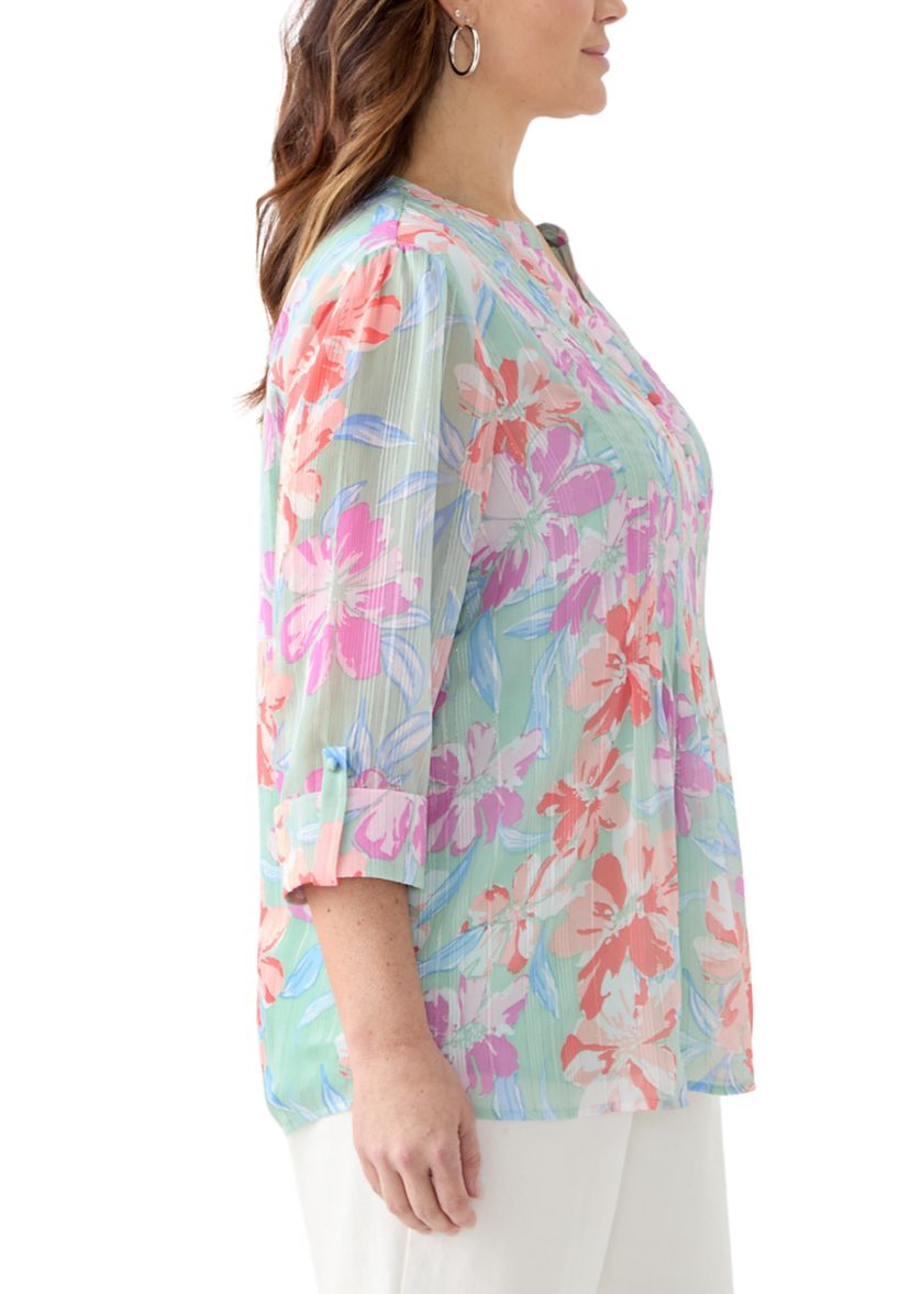 Plus Size 3/4 Sleeve Chiffon Printed Henley Blouse