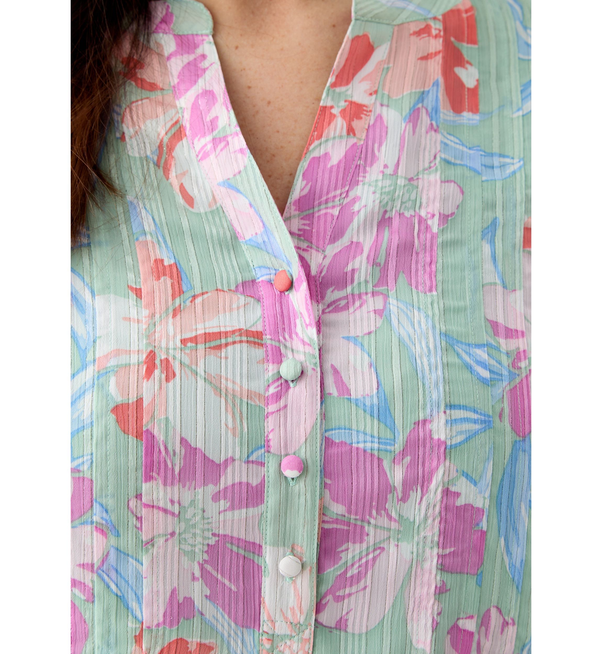 Plus Size 3/4 Sleeve Chiffon Printed Henley Blouse
