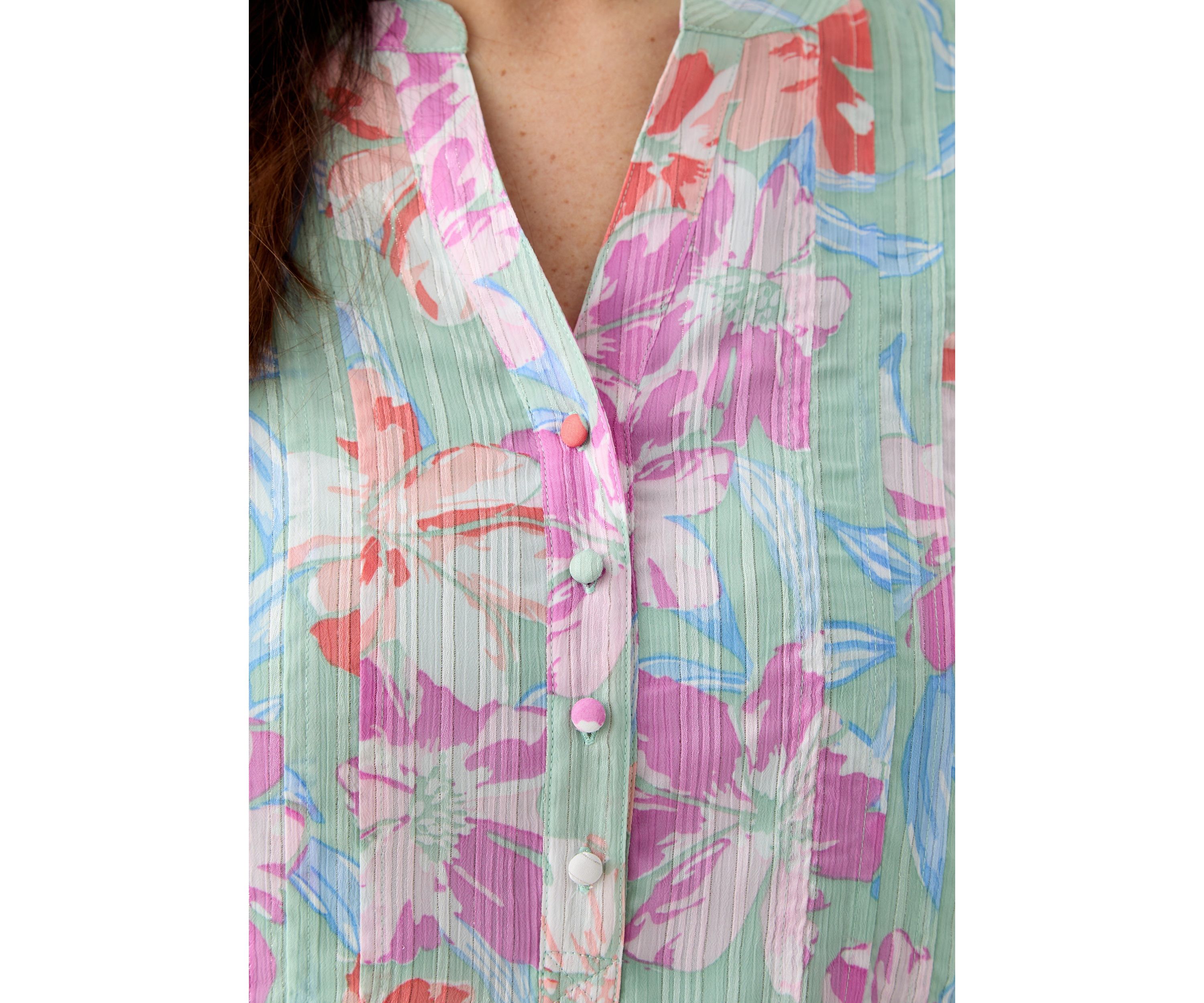 Plus Size 3/4 Sleeve Chiffon Printed Henley Blouse