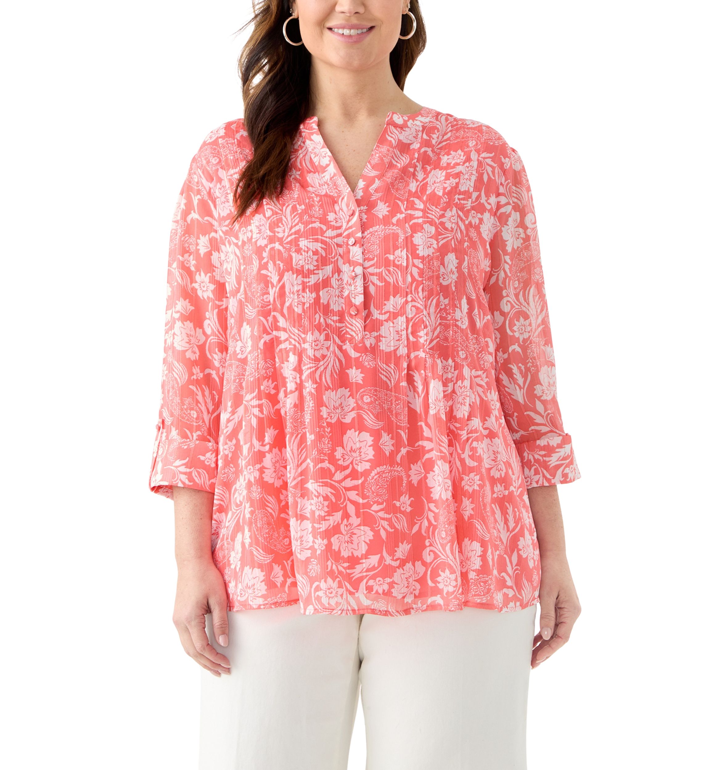 Plus Size 3/4 Sleeve Chiffon Printed Henley Top