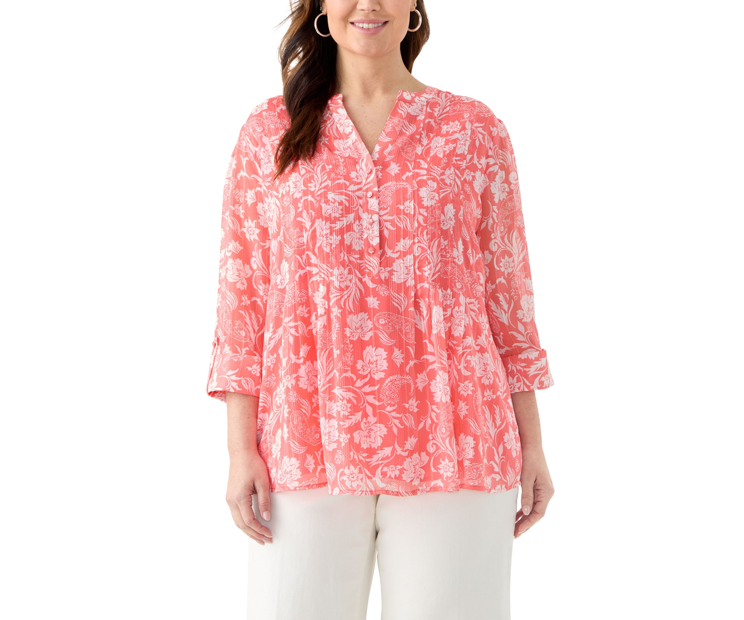 Plus Size 3/4 Sleeve Chiffon Printed Henley Top