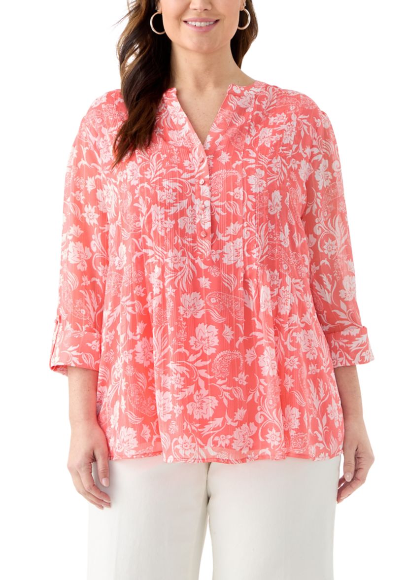 Plus Size 3/4 Sleeve Chiffon Printed Henley Top