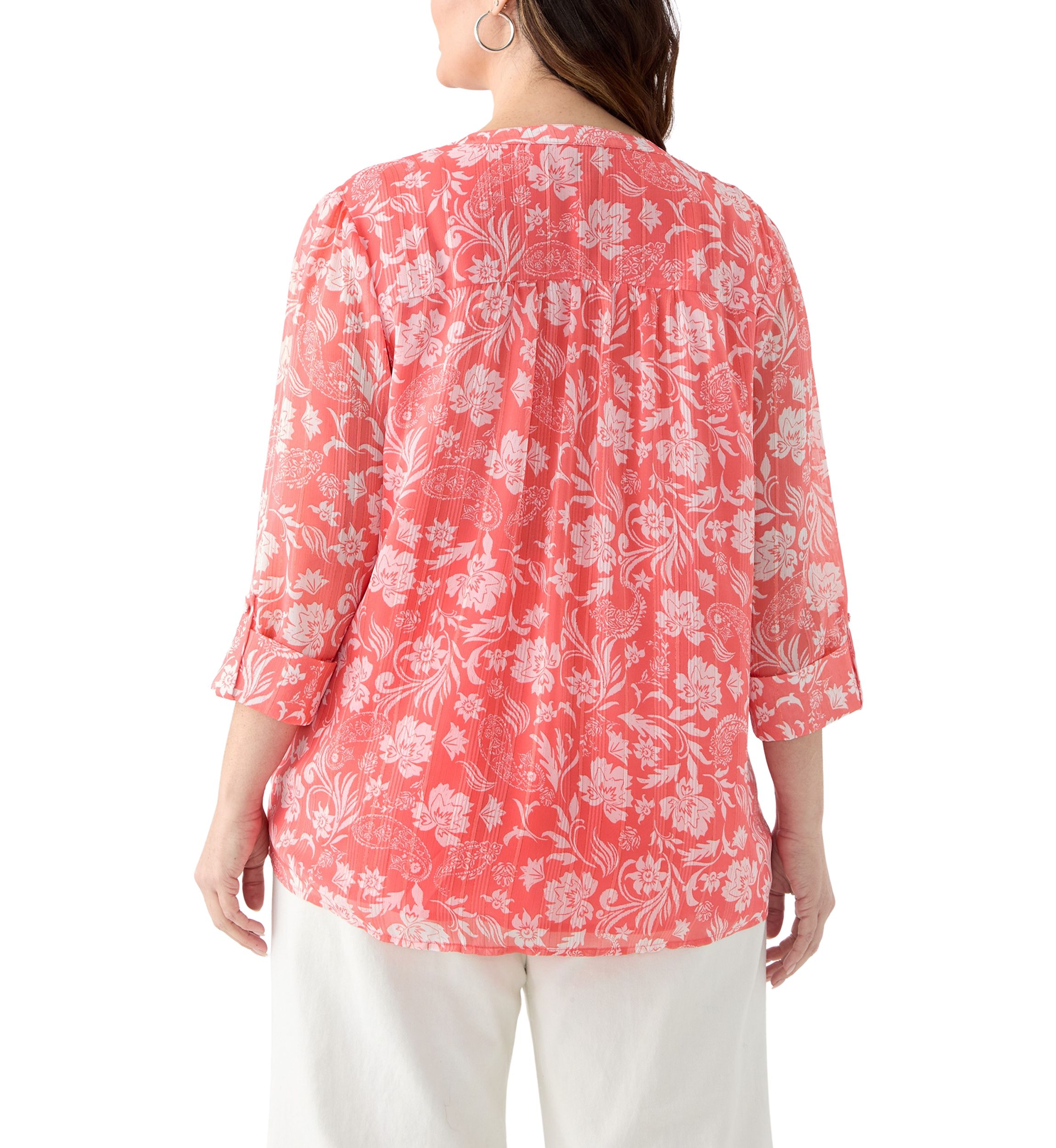 Plus Size 3/4 Sleeve Chiffon Printed Henley Top