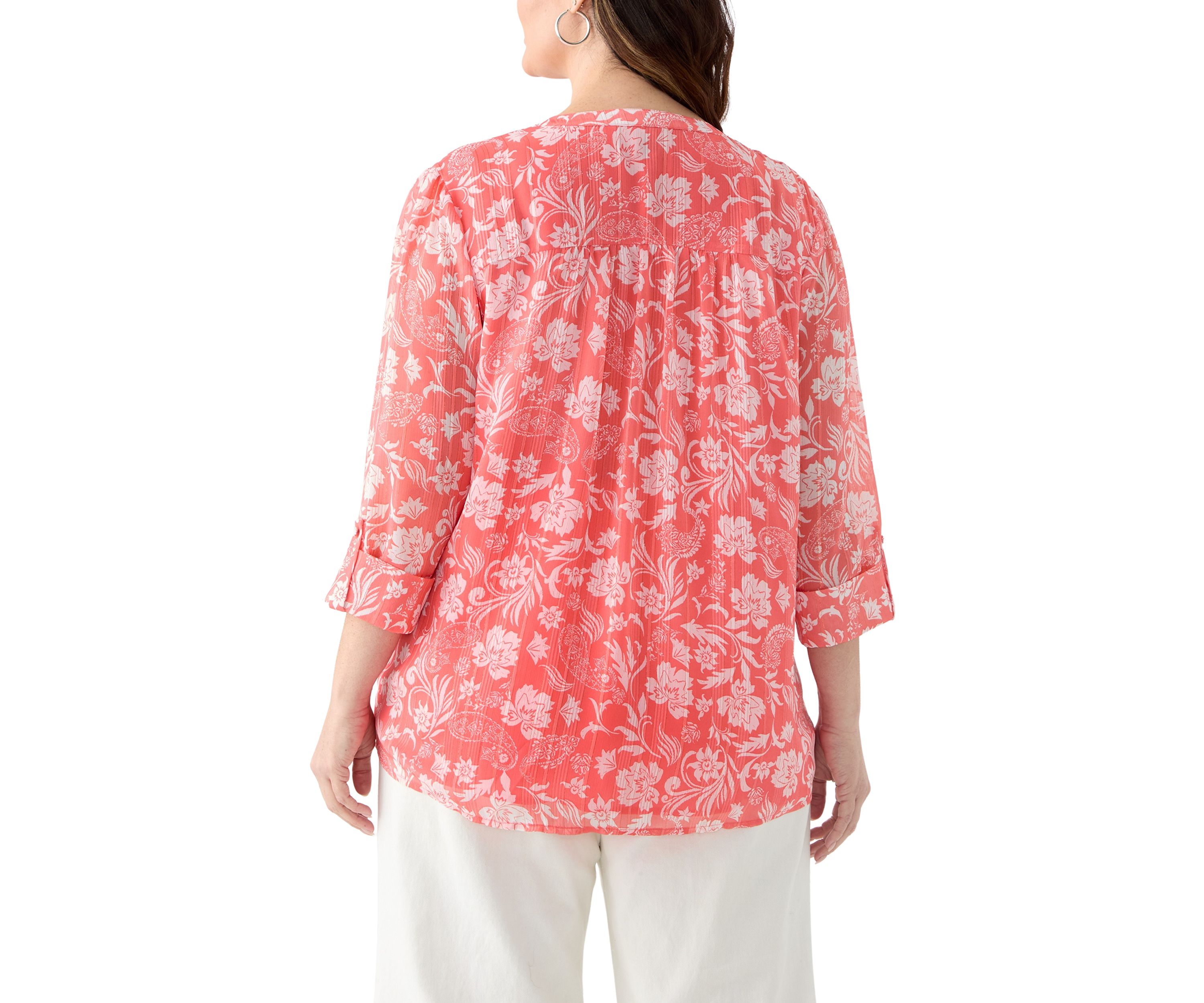 Plus Size 3/4 Sleeve Chiffon Printed Henley Top