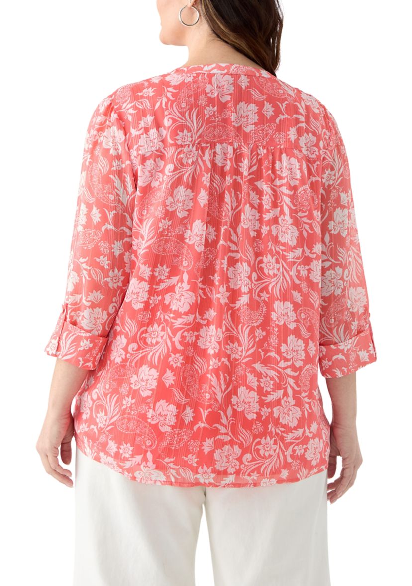 Plus Size 3/4 Sleeve Chiffon Printed Henley Top