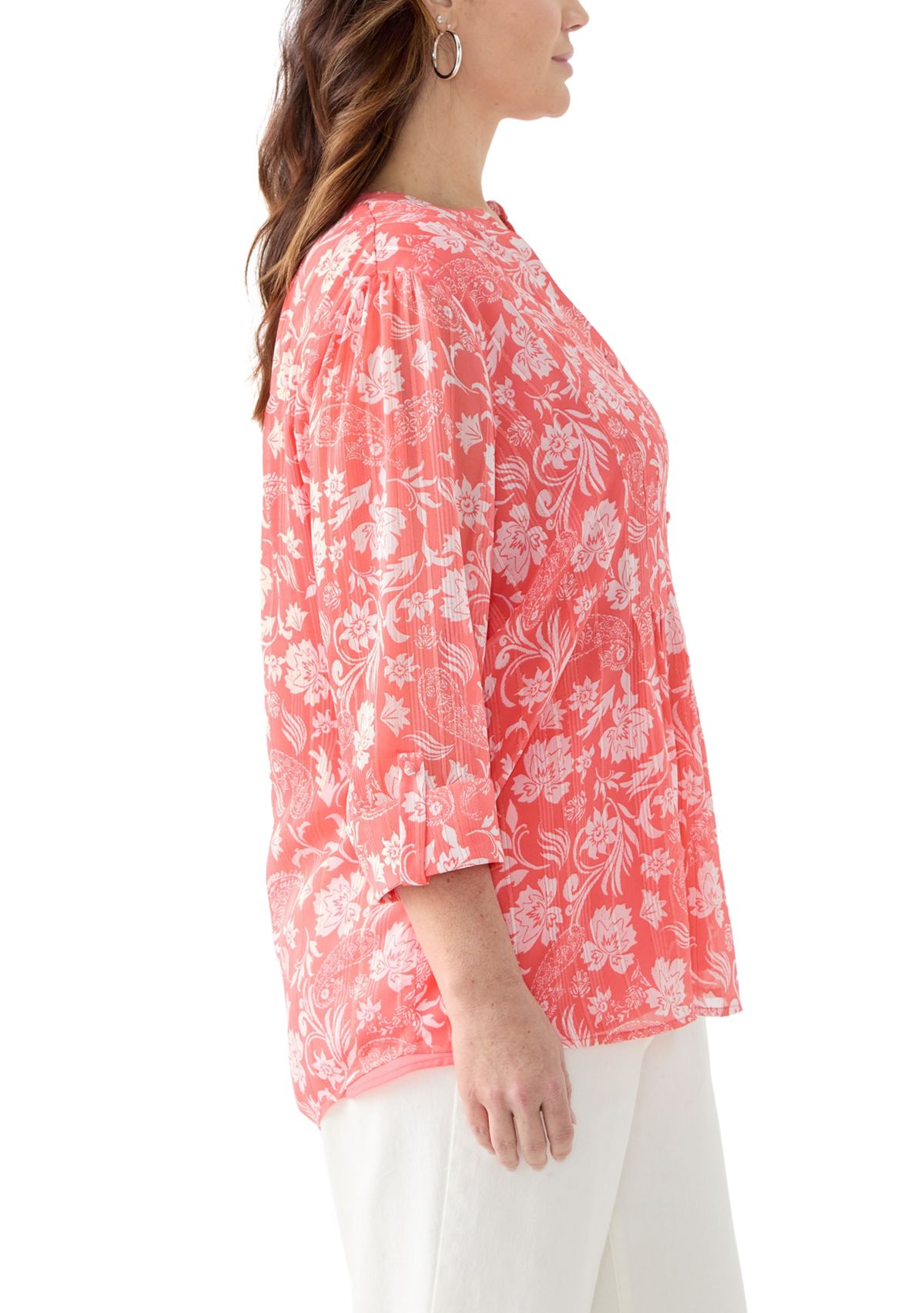 Plus Size 3/4 Sleeve Chiffon Printed Henley Top