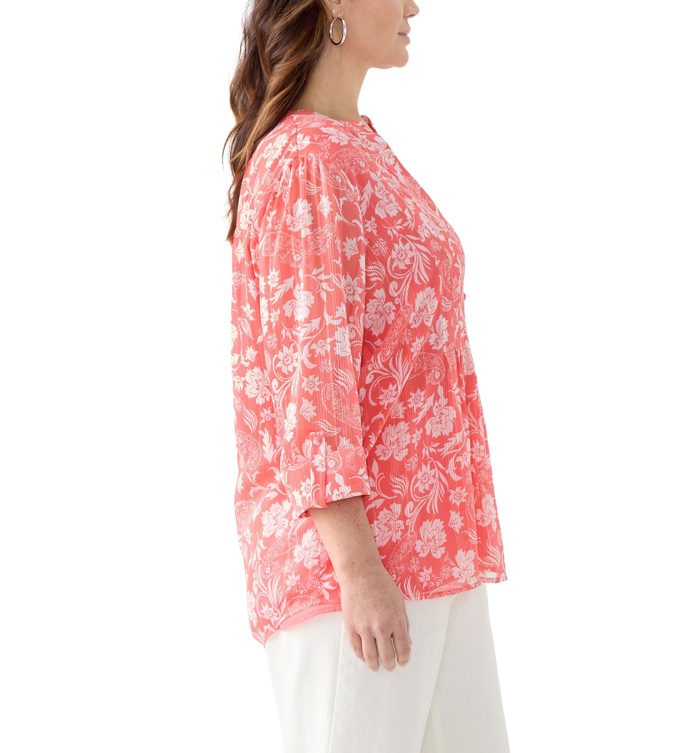 Plus Size 3/4 Sleeve Chiffon Printed Henley Top
