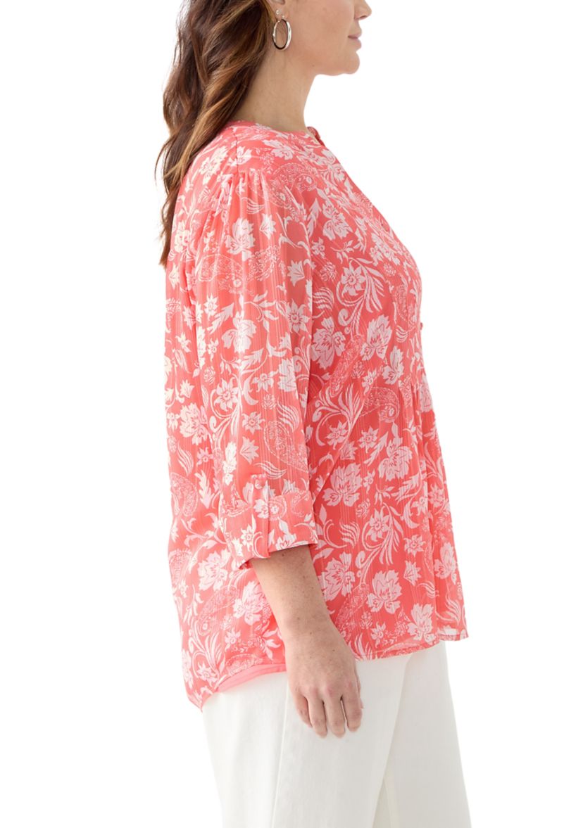 Plus Size 3/4 Sleeve Chiffon Printed Henley Top