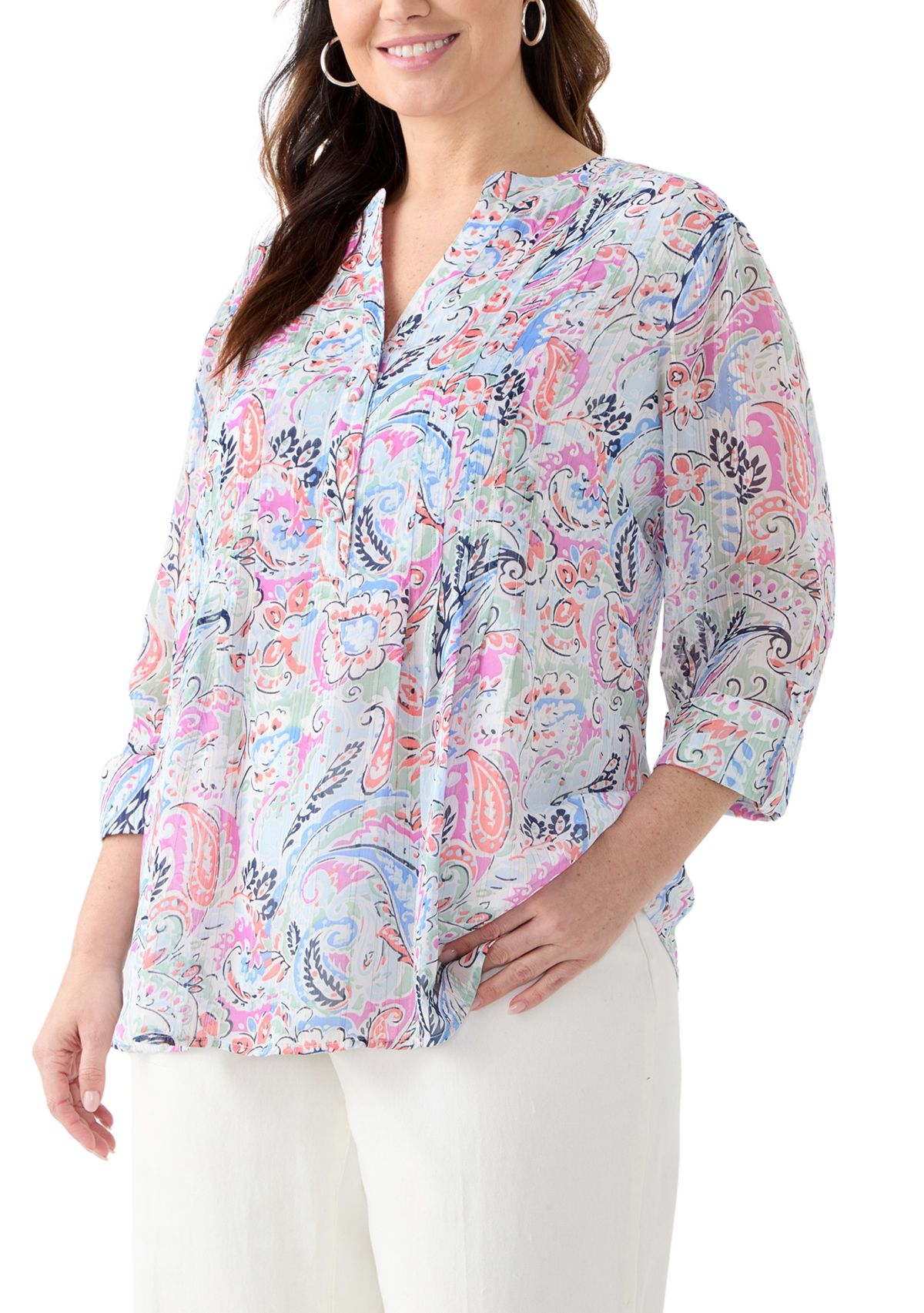 Plus Size 3/4 Sleeve Chiffon Printed Henley Top