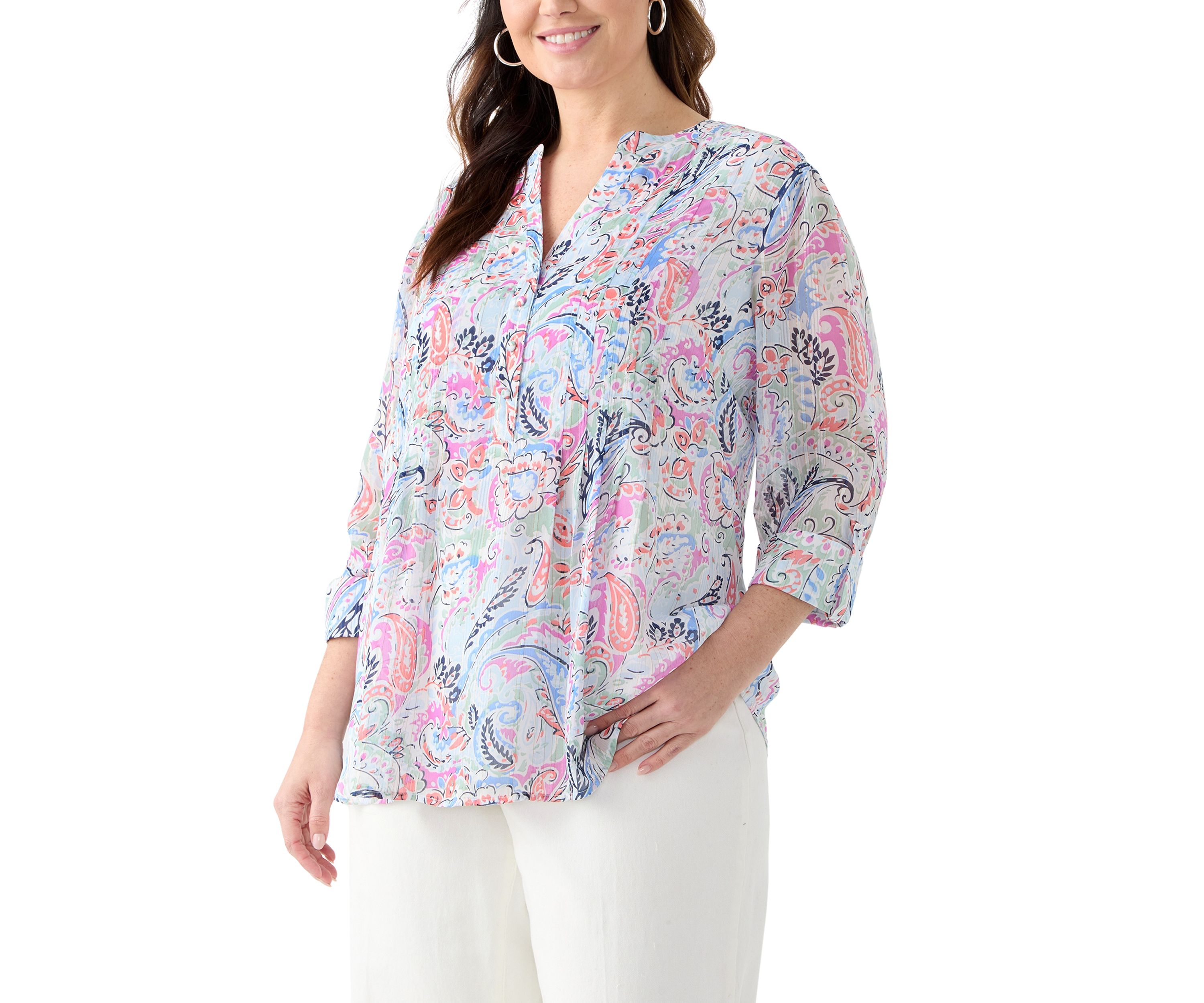 Plus Size 3/4 Sleeve Chiffon Printed Henley Top