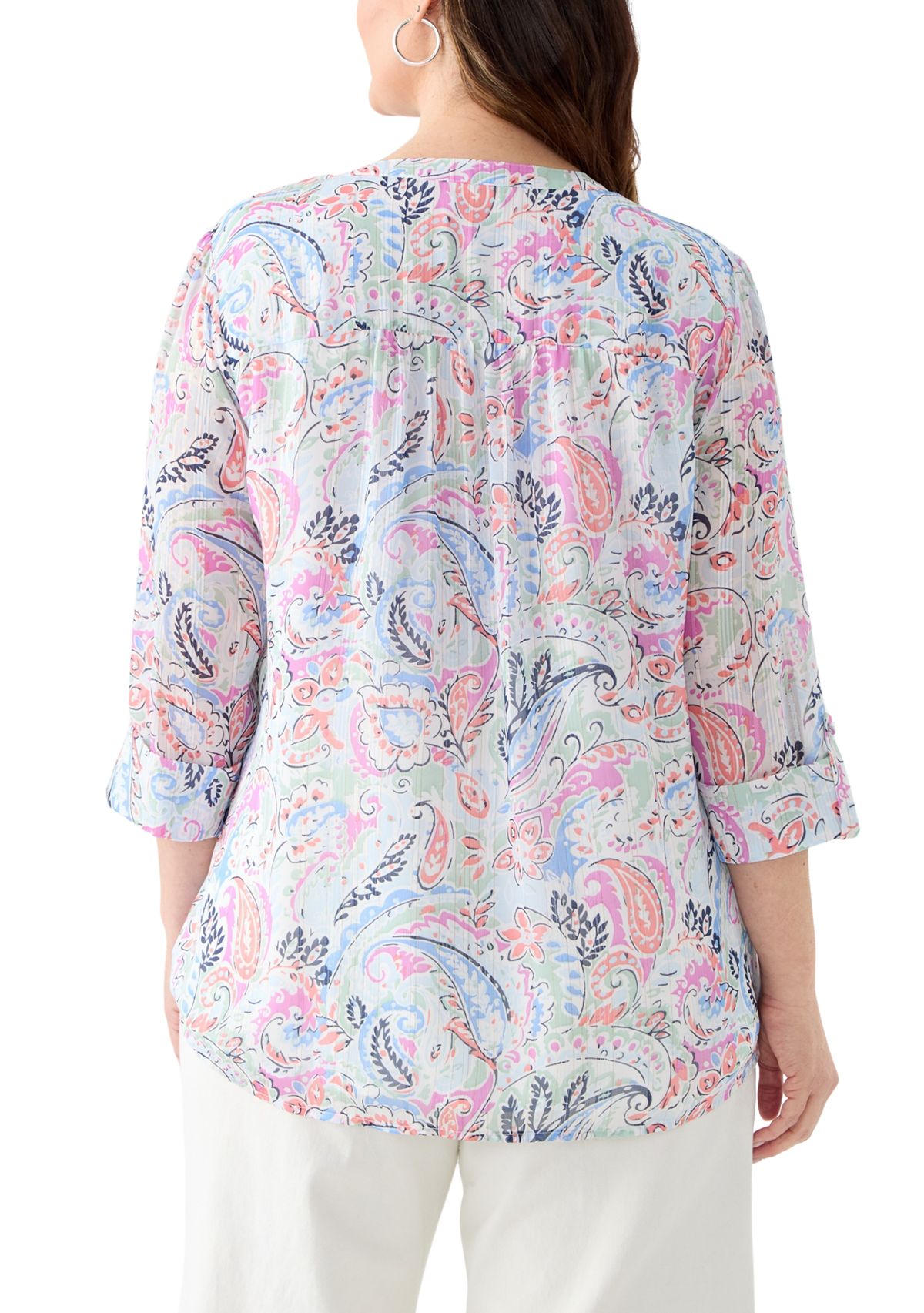 Plus Size 3/4 Sleeve Chiffon Printed Henley Top