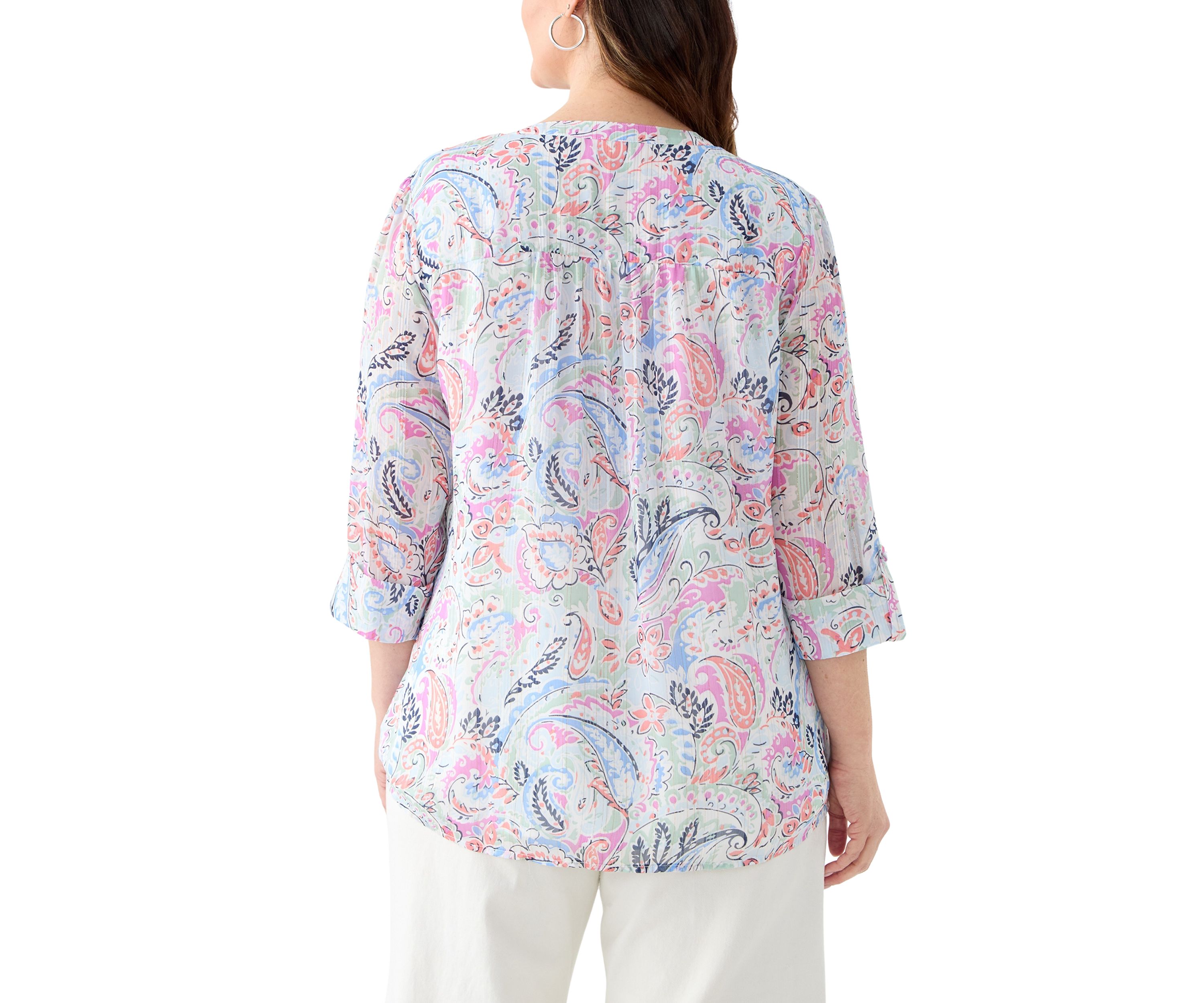 Plus Size 3/4 Sleeve Chiffon Printed Henley Top