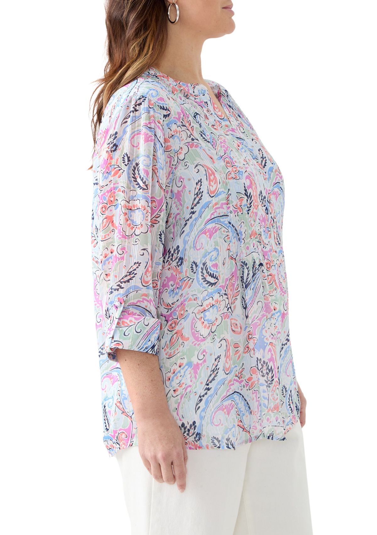 Plus Size 3/4 Sleeve Chiffon Printed Henley Top