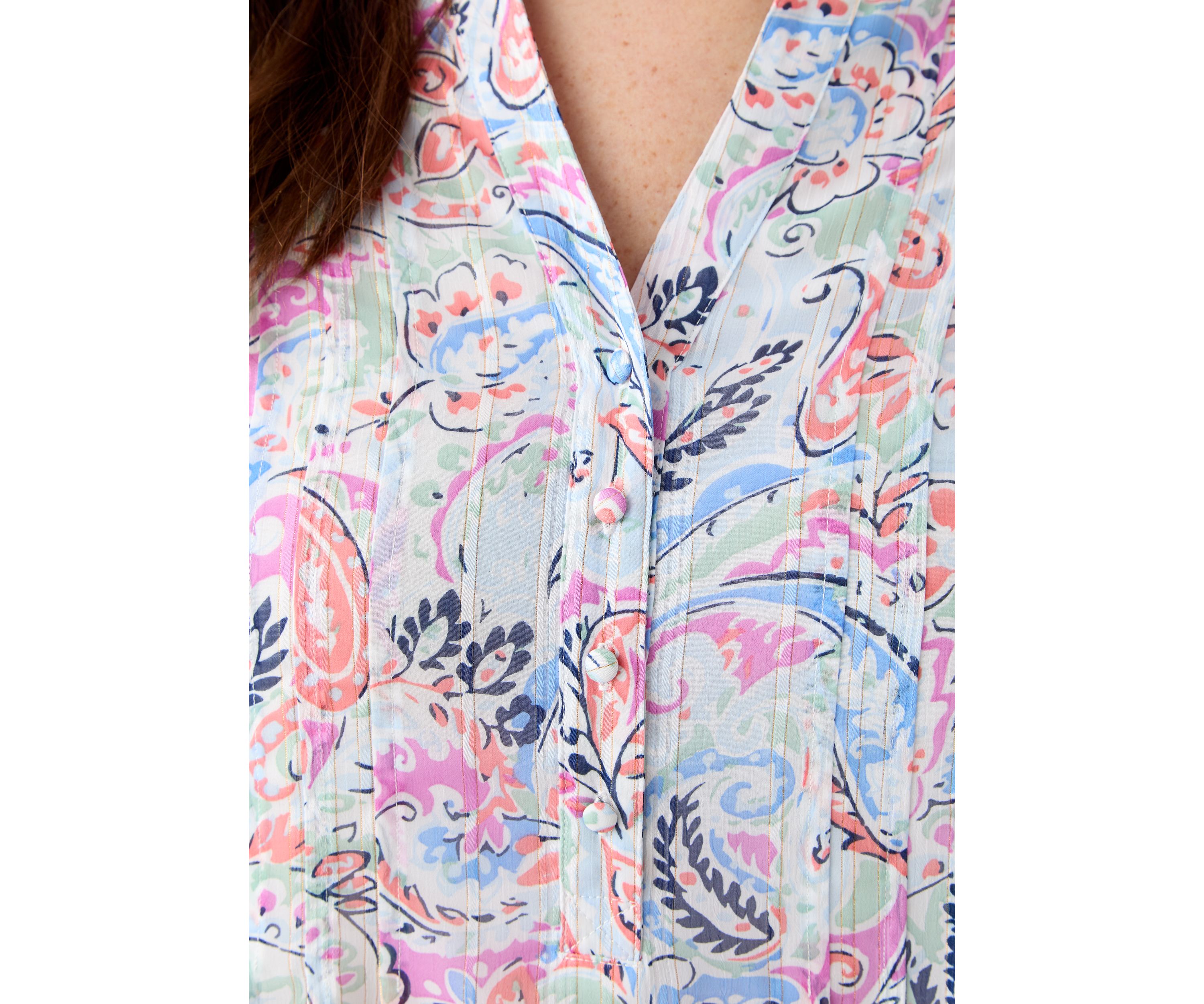 Plus Size 3/4 Sleeve Chiffon Printed Henley Top