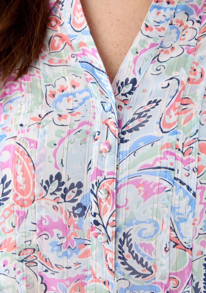 Plus Size 3/4 Sleeve Chiffon Printed Henley Top