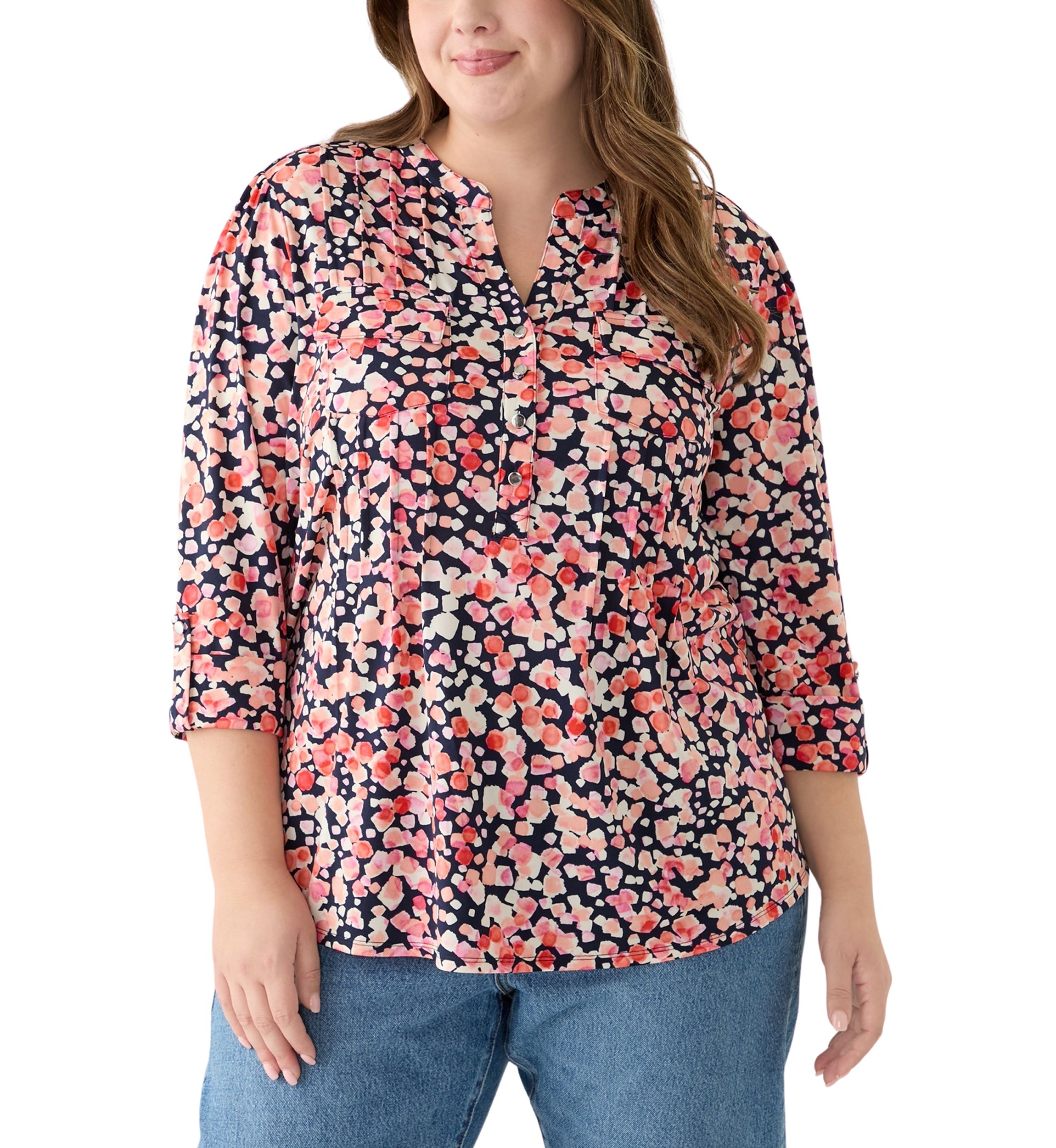 Plus Size Printed Knit Henley Top