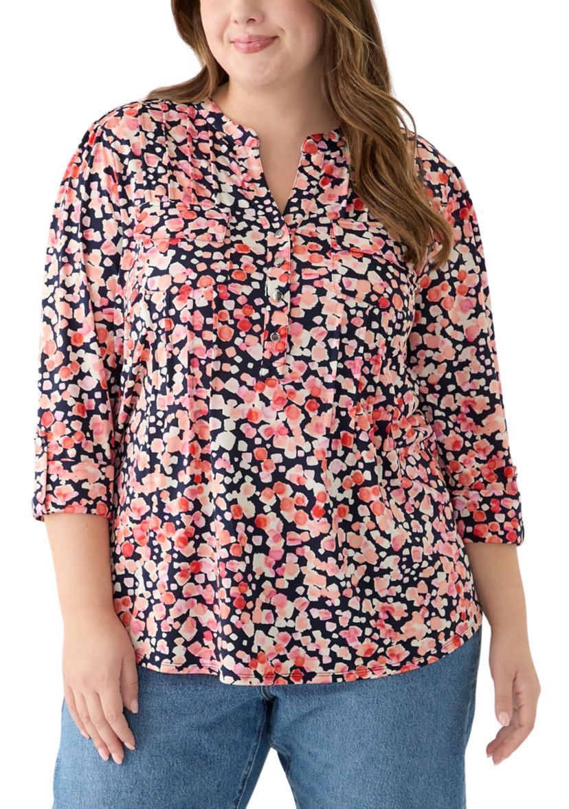 Plus Size Printed Knit Henley Top